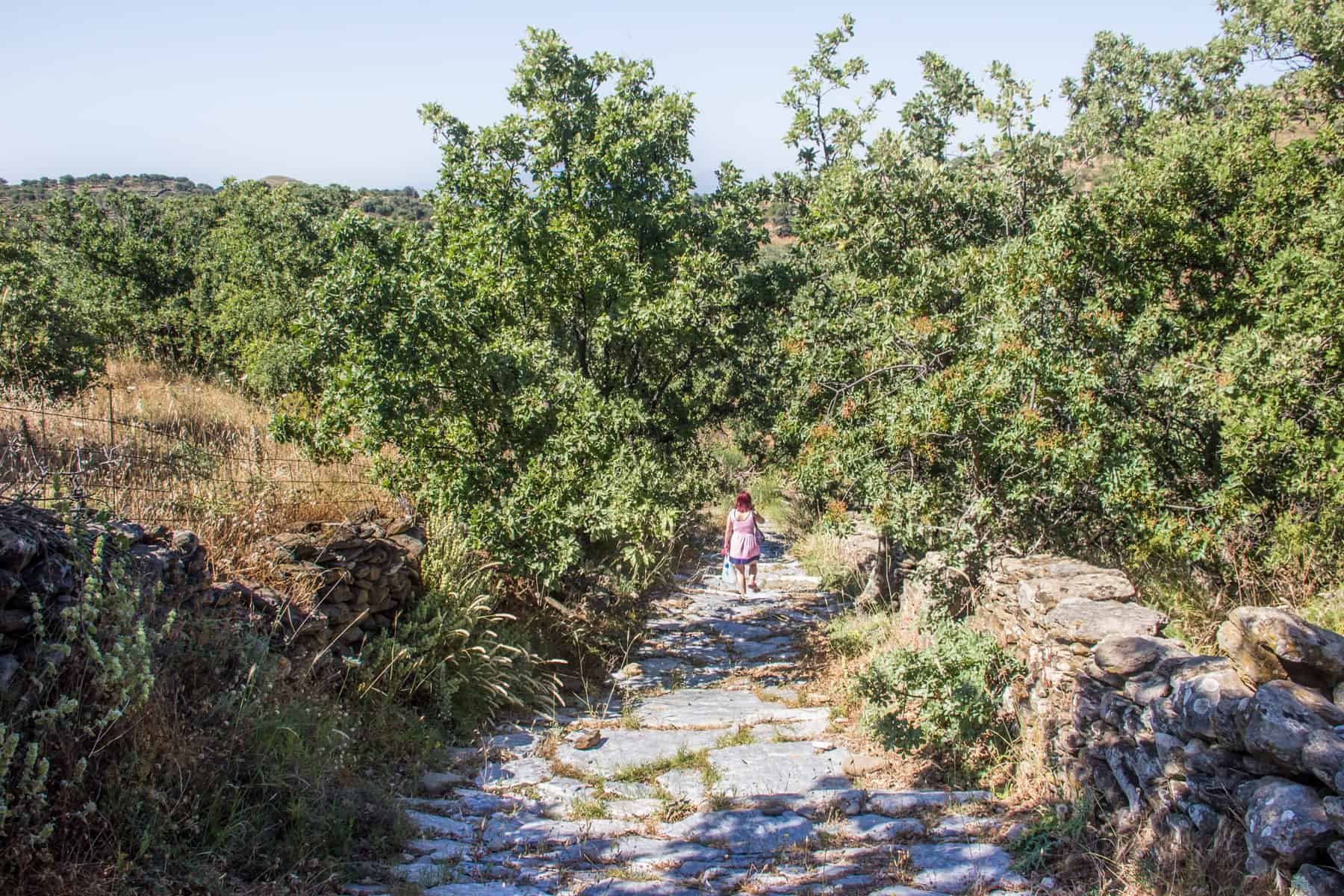 A woman wearing pink walks on a cobbled stoned hiking trail on the island of Kea, surrounding by green bushes and dense foliage