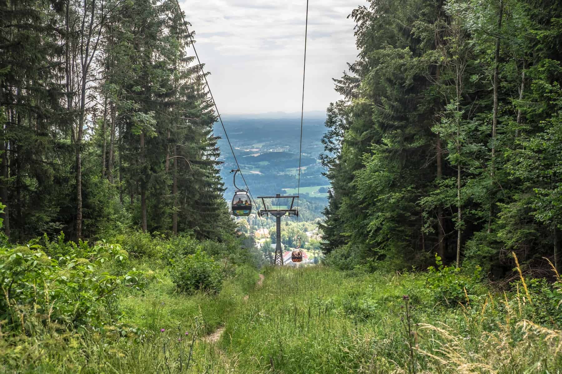 A cable car passes through an opening in the forest trees on Schöckl Mountain near Graz, Austria