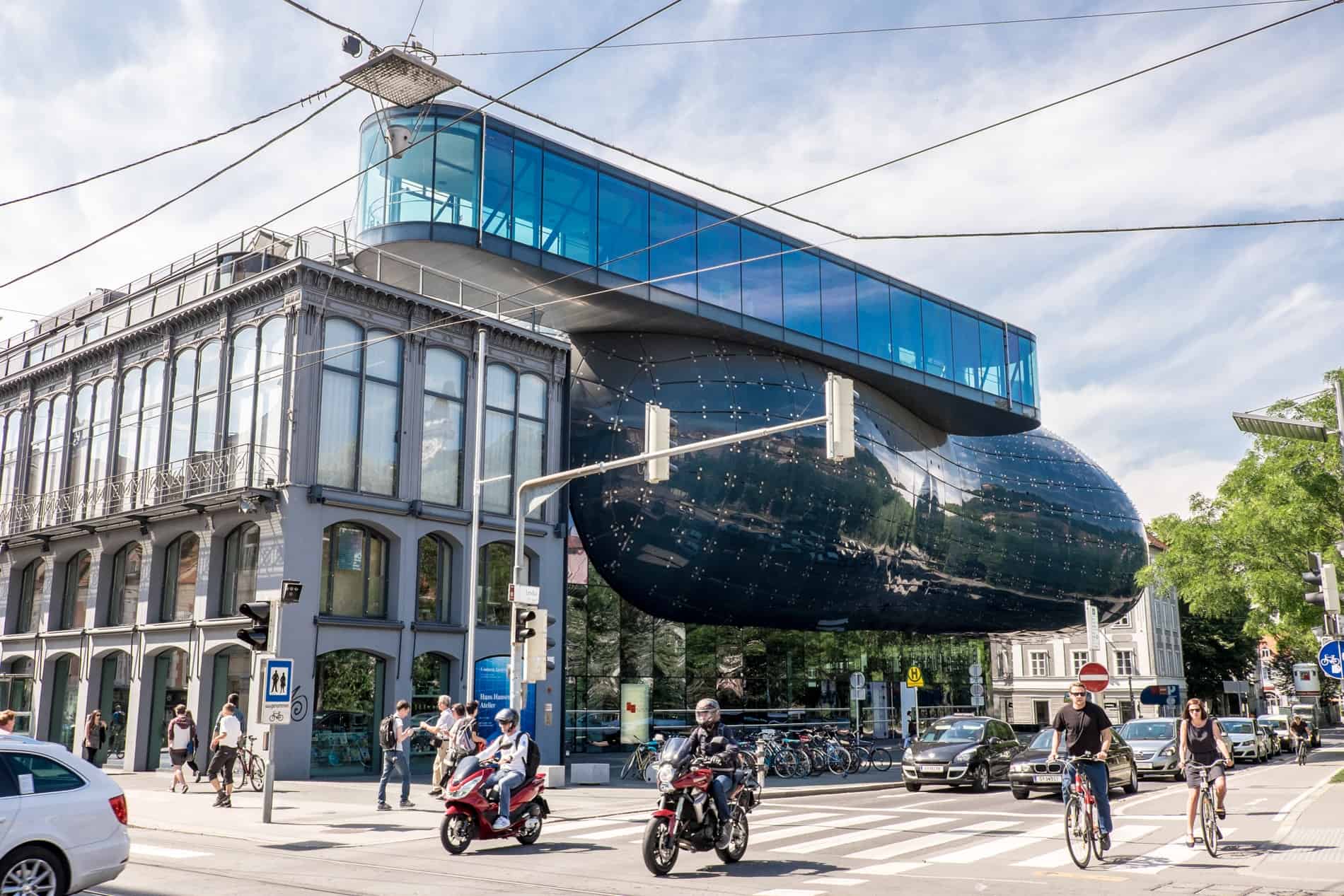The blue, bubble building of The “Friendly Alien” Kunsthouse modern art museum in Graz, Austria.