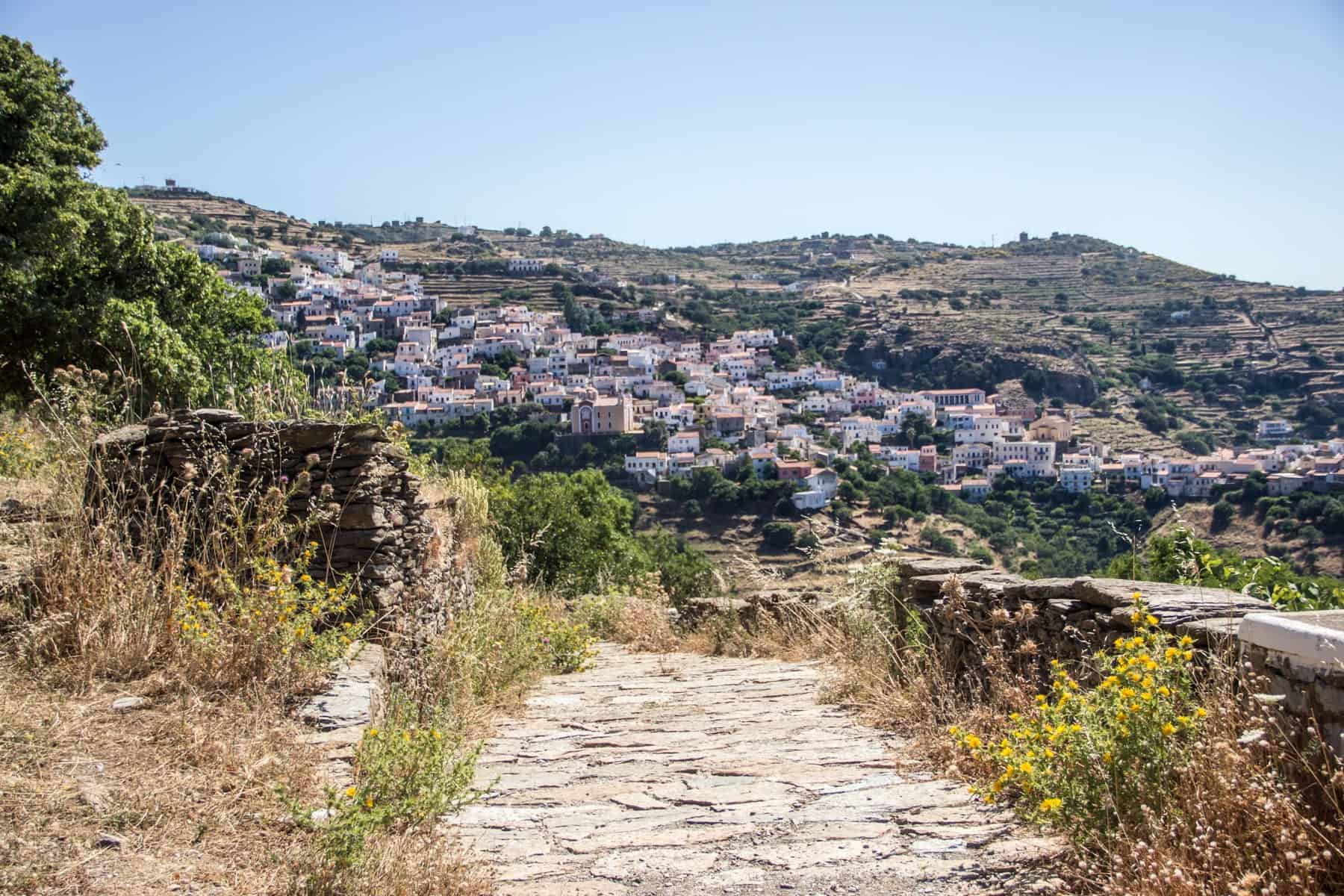 A stone path cuts through overgrown foliage - the hiking trail towards the ancient city in the background on Kea Island, Greece