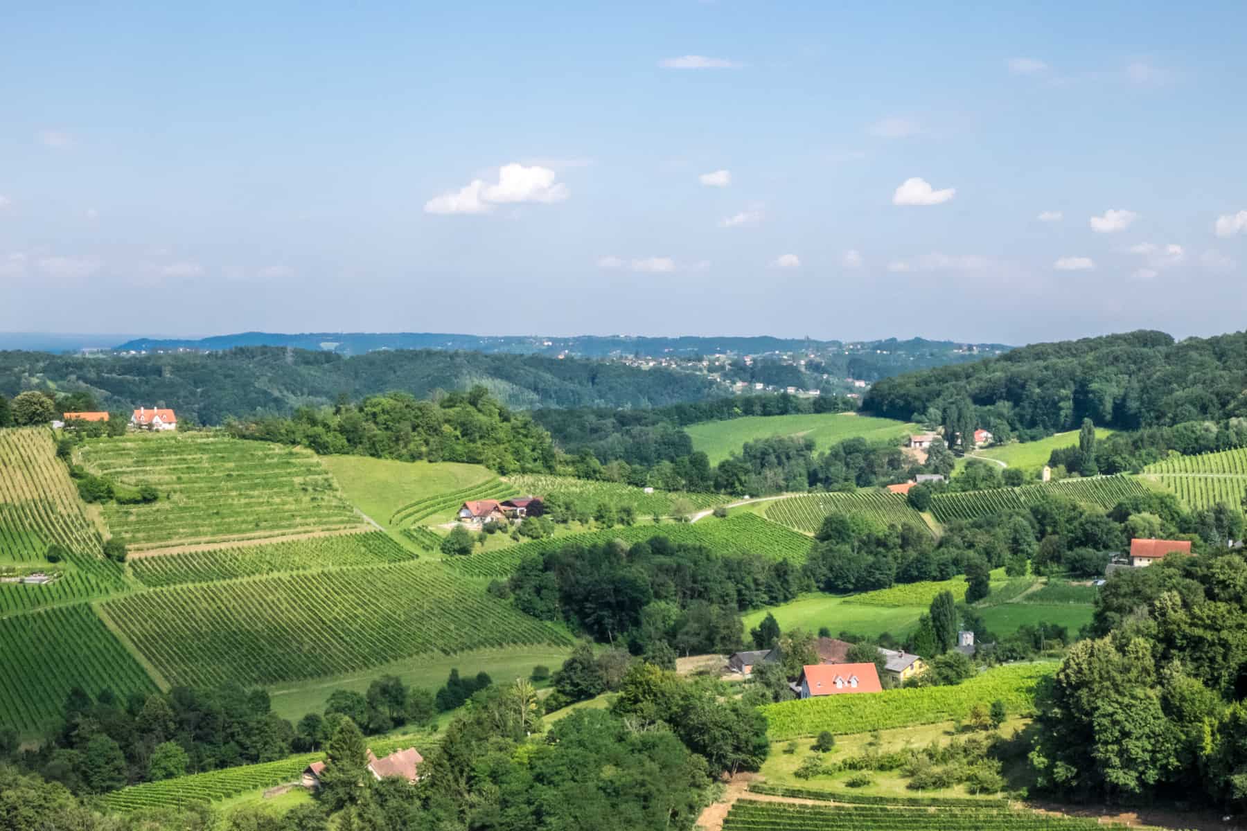 Orange roofed houses dotted in the pathwork of green vineyards and farmland along the South Styrian Wine Road Austria