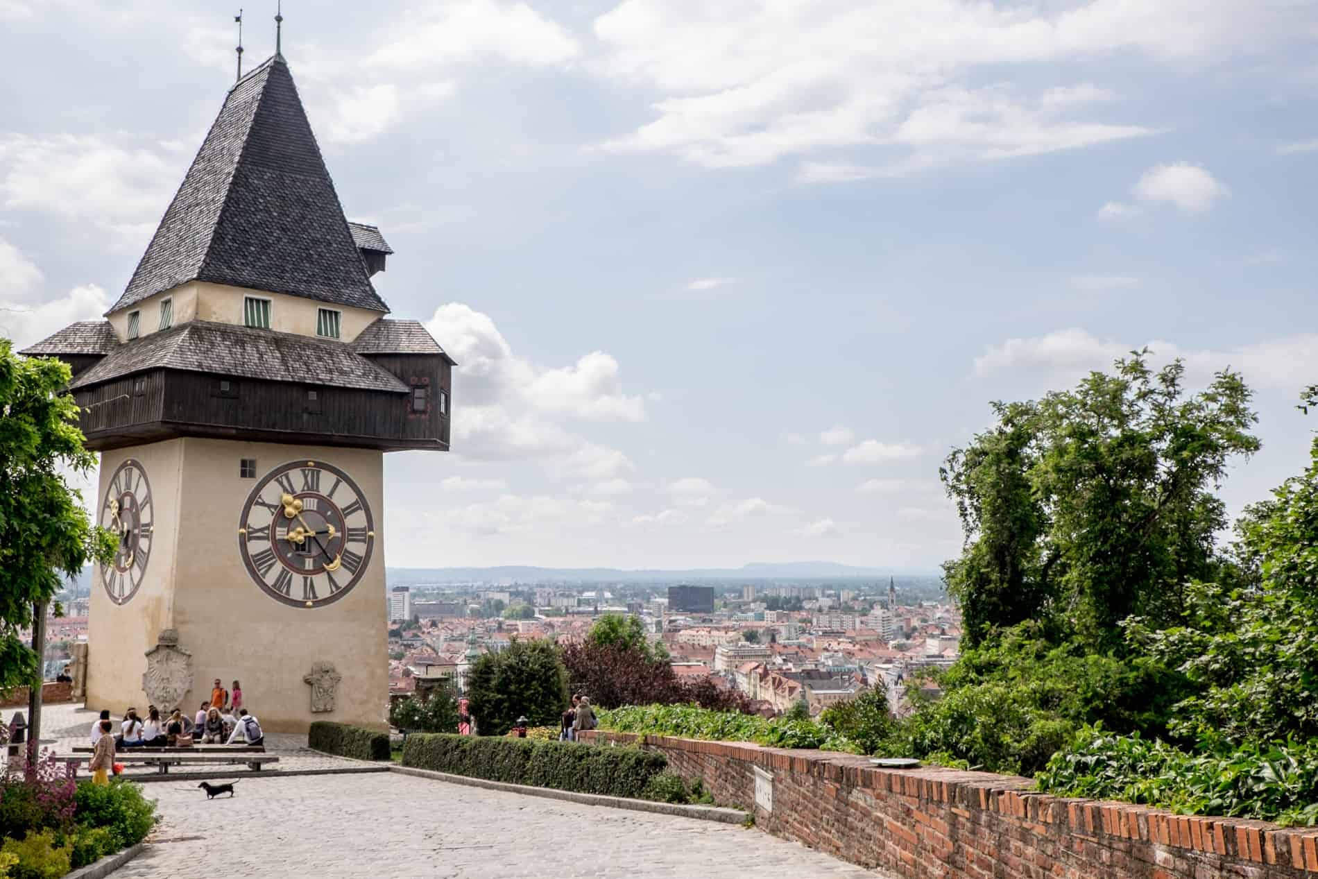 The small triangular roofed Clock Tower on a hill in Graz with a sweeping view over the city.