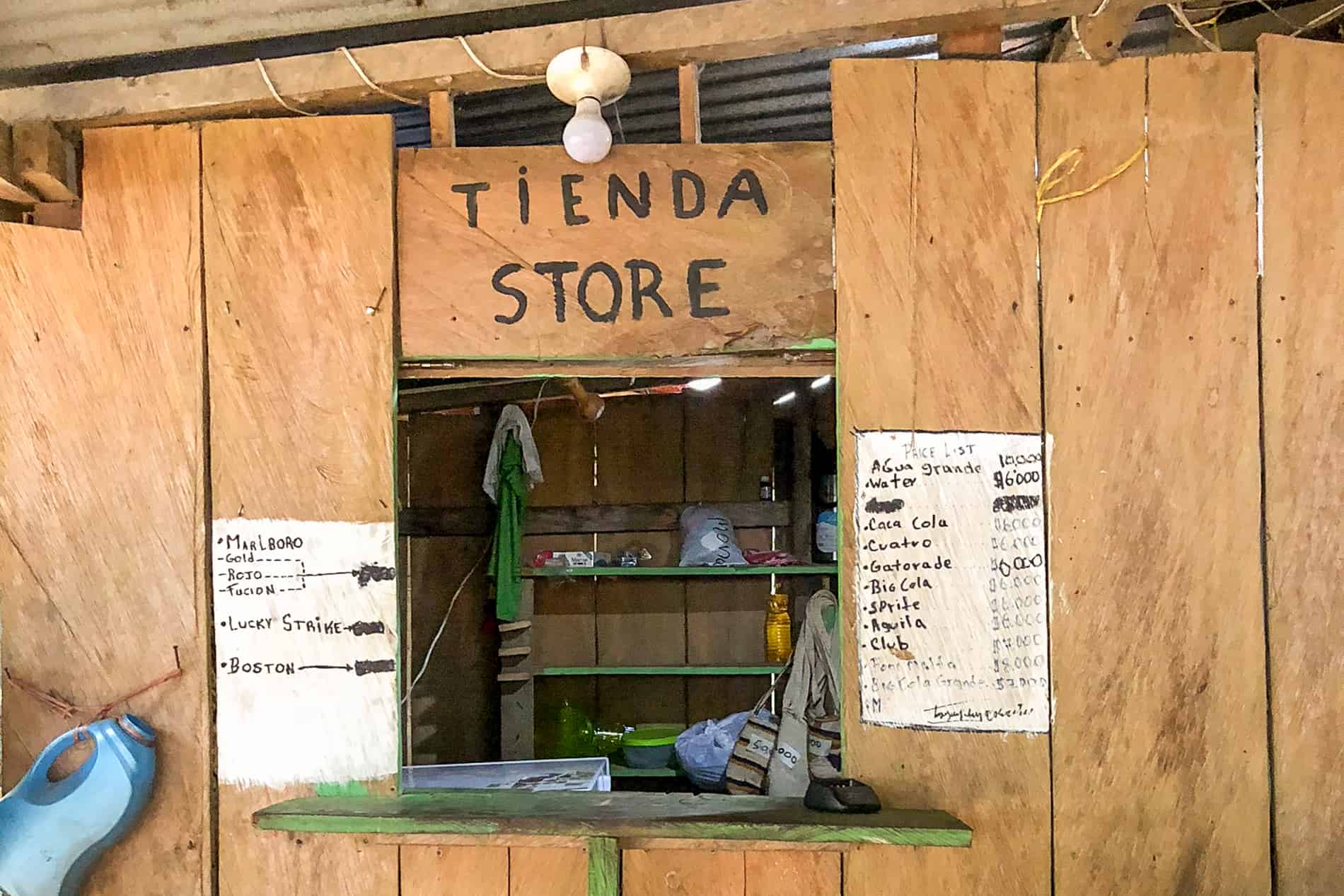 Wooden booth snack shop found at a camp on Colombia's Lost City trek.