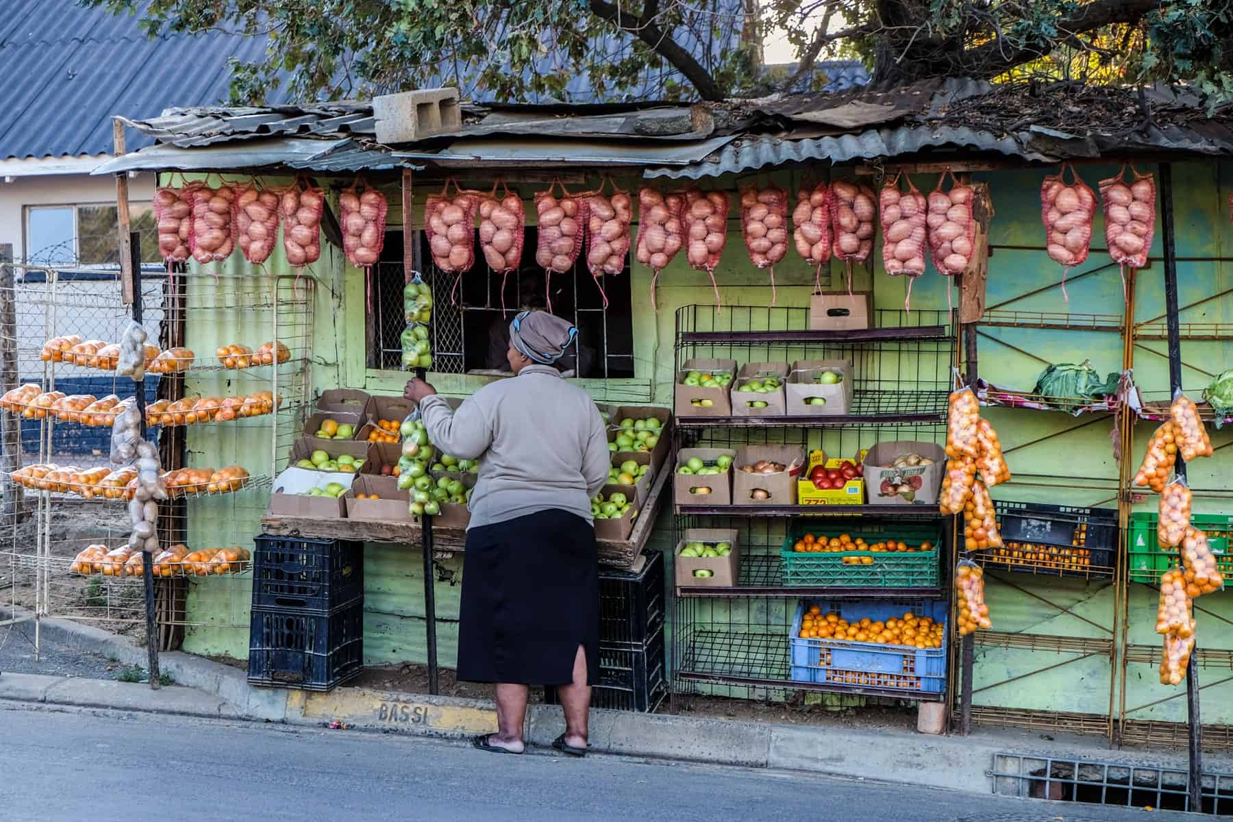 A woman in a grey top and black skirt looks at bags of apples on a fruit and vegetable stall with green walls and hanging bags of potatoes in a township in South Africa