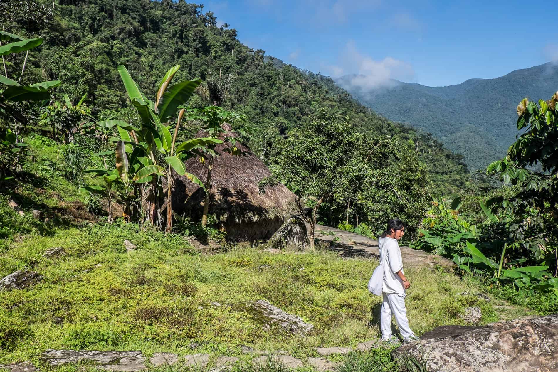 An indigenous Wiwa guide guiding a group on a Lost City tour in Colombia.