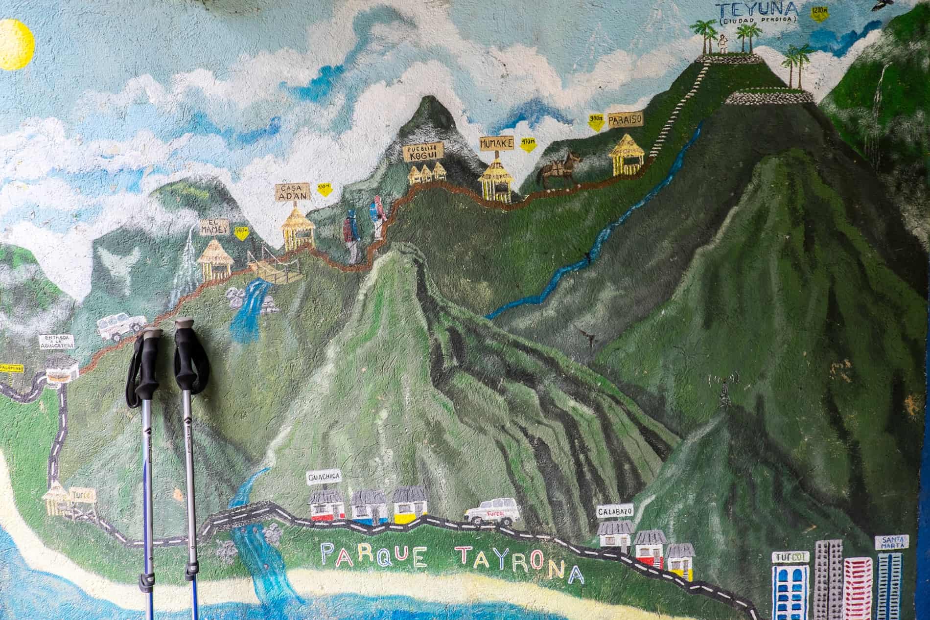 Wall painting of the Sierra Nevada mountain range in Colombia and the Lost City trekking route. 