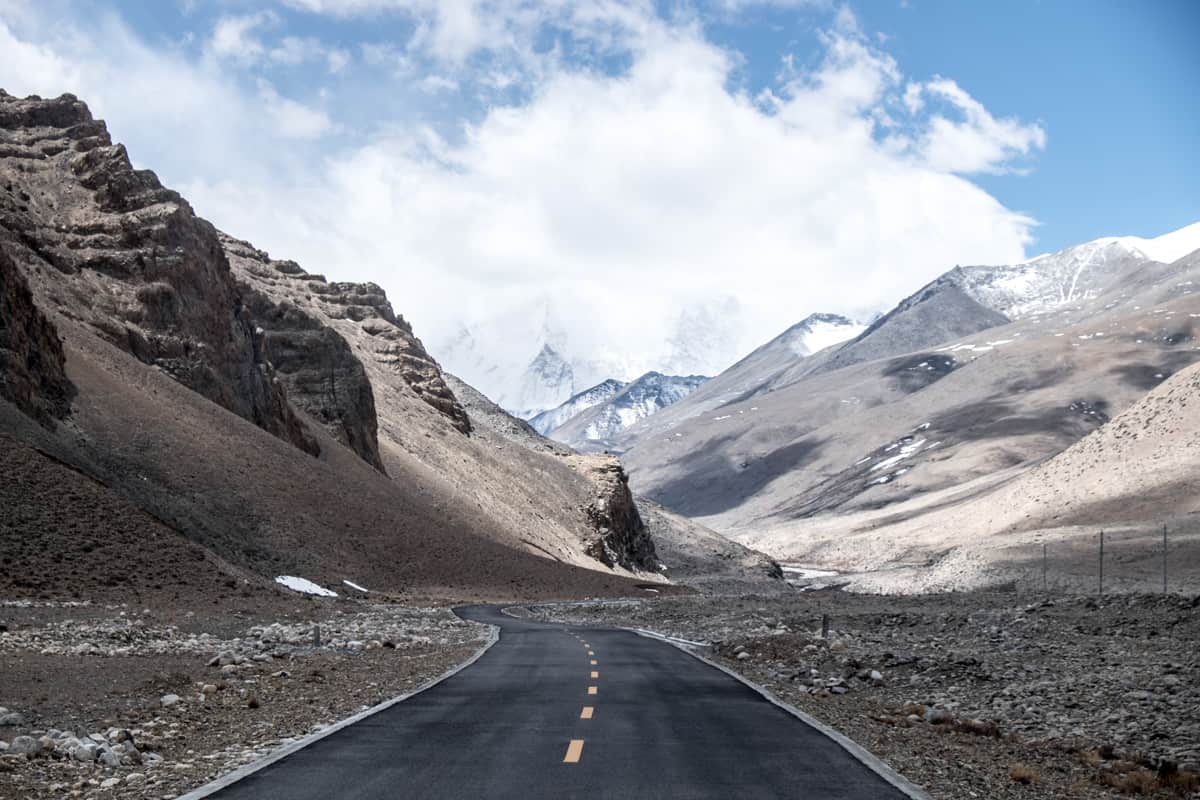 The view of the snow capped Mount Everest seen when driving towards Everest Base Camp in Tibet