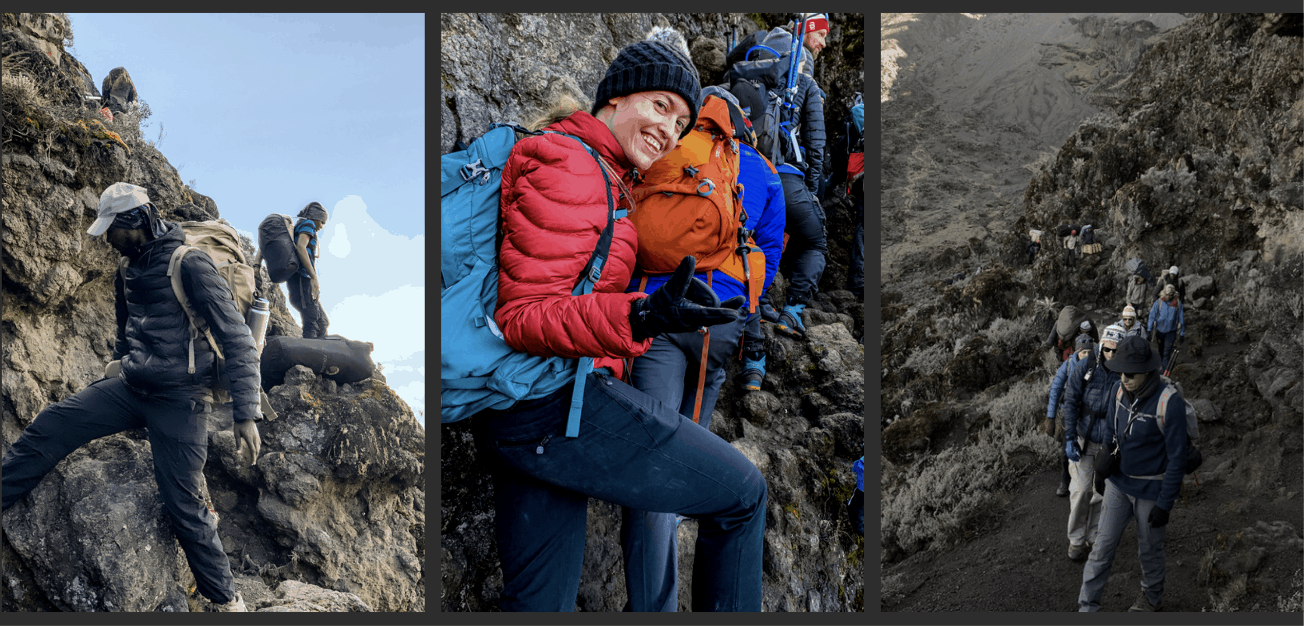 A man clambers on steep rock, a woman in a red jacket makes a spiderman pose with her hand while climbing rocks, and a small group of trekkers walk up a large rock wall pathway