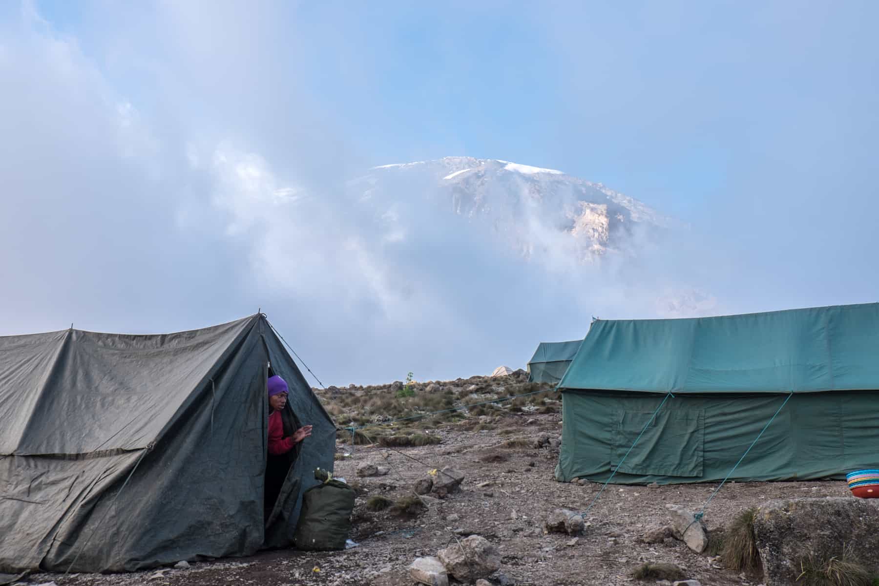 A man in a red jumper and purple hat peers out of a dark green tent as Kilimanjaro rises in the background, covered in mist.