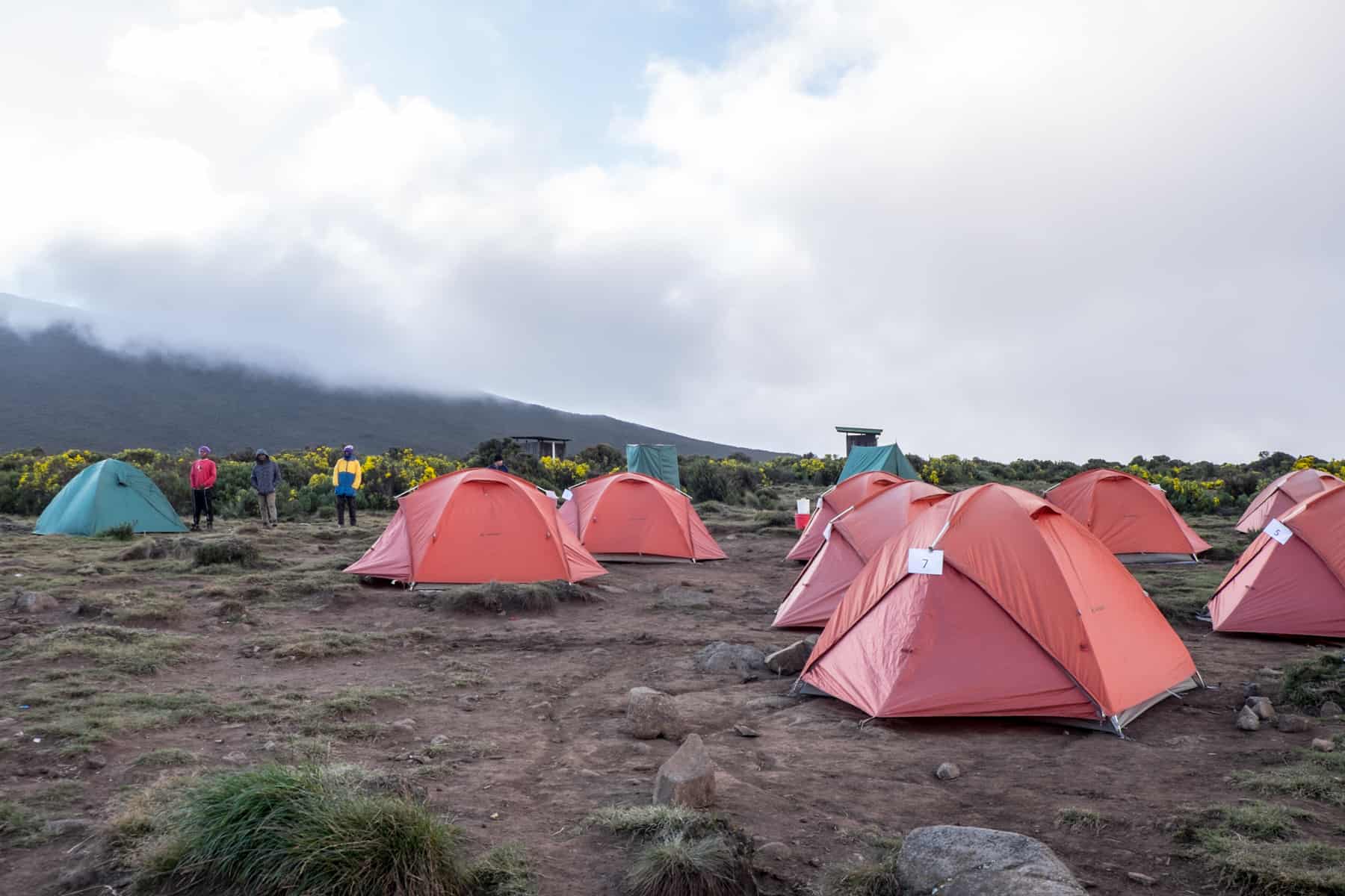 A small collective of orange tents on the barren brown earth of Mount Kilimanjaro