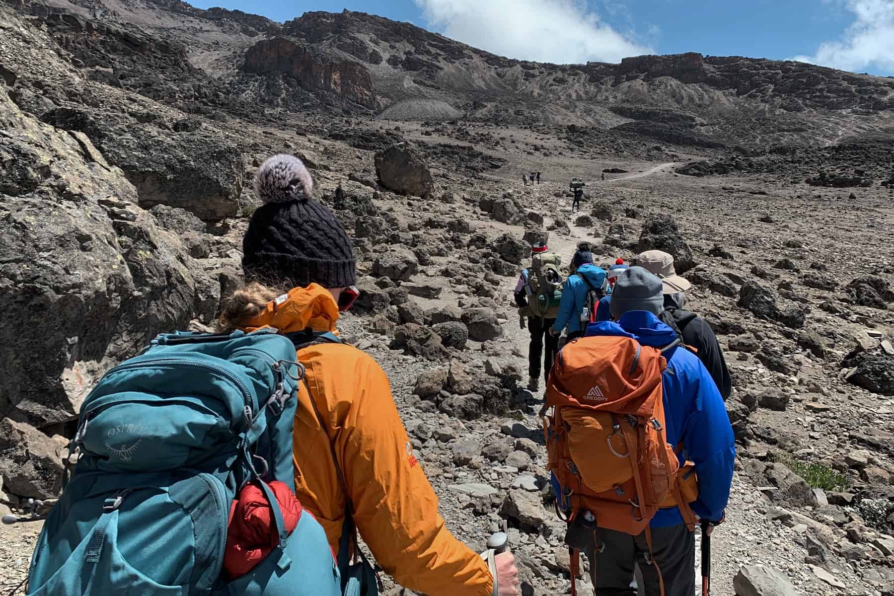 A woman in a orange jacket and blue backpack follows a line of other trekkers slowly climbing Kilimanjaro's dry, rocky scree.