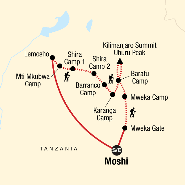 A map whose red line shows the trail up and down the mountain of the Kilimanjaro Lemosho Route 