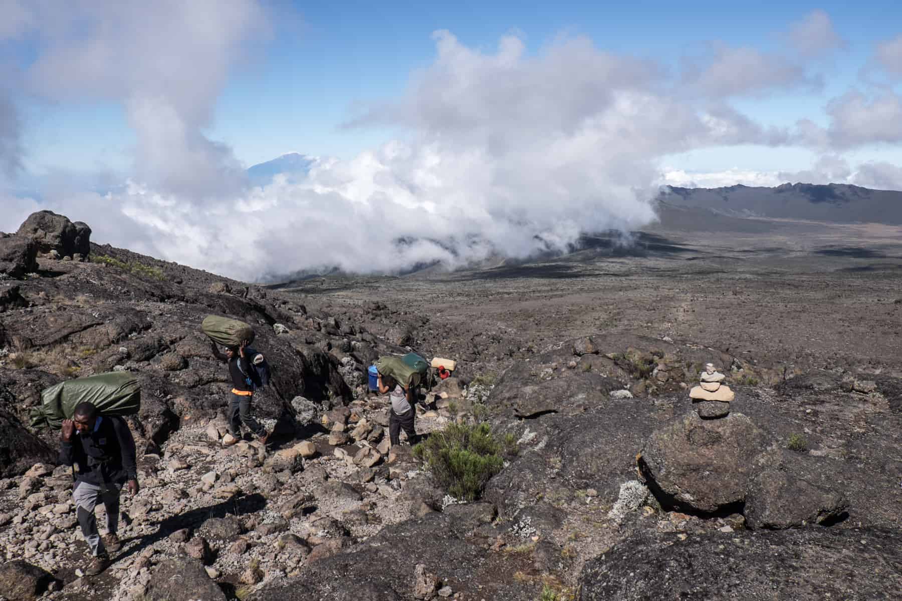 Porters on Kilimanjaro carrying green bags over rocky landscape. 