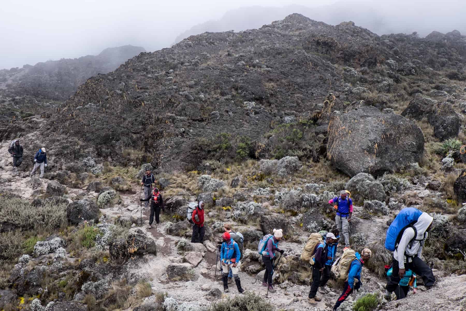 A line of trekkers walk on a worn path through a landscape full of boulders, rocks and dry vegetation patches. 