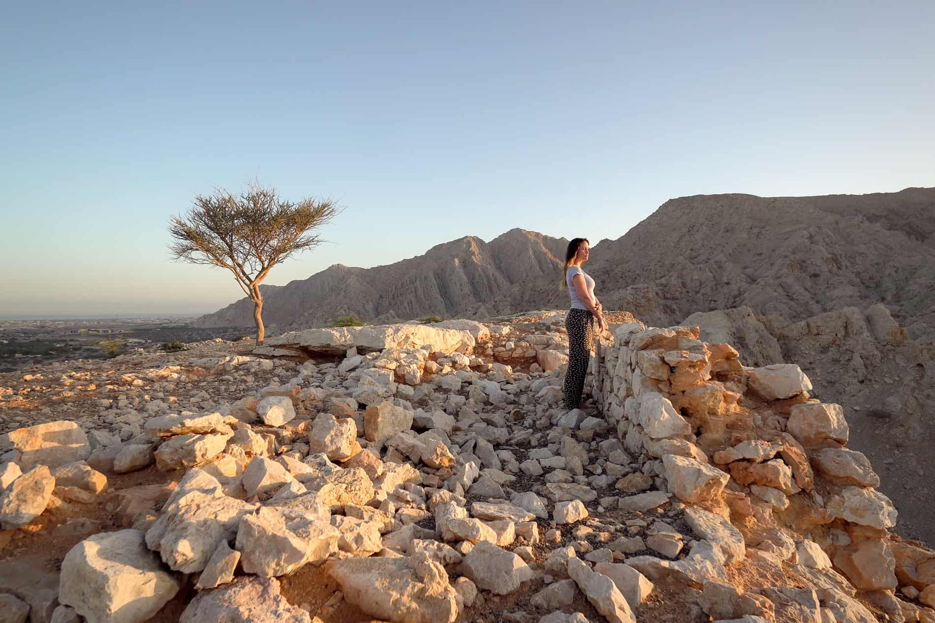 A woman stands at a rock wall in front of a single tree and a desert mountain range under the golden light of sunrise. 