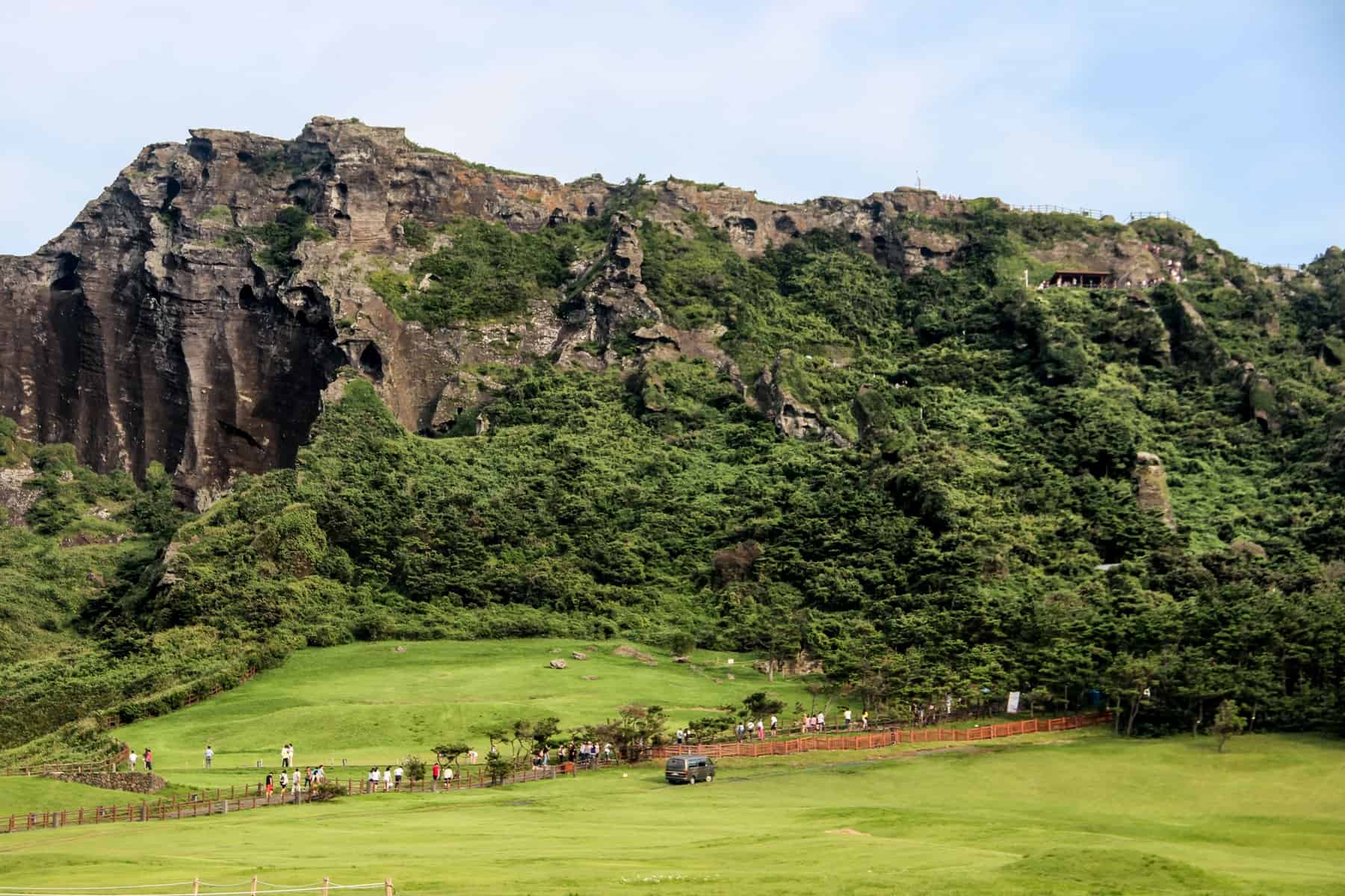 Um close-up de alta vulcânica mastiff de Seongsan ilchulbong de Pico, rodeado por nrnight grama verde - uma das principais coisas para fazer na Ilha Jeju