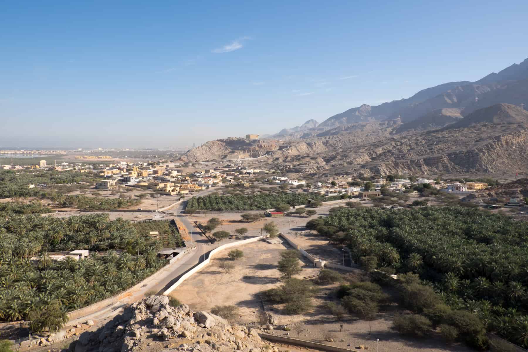 Desert landscape with patches of green oasis and backed by golden brown rocky mountains