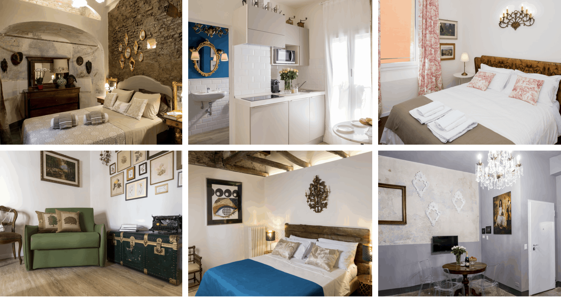 Six pictures of boutique designed rooms at a Bologna hotel called L’8Boutique.