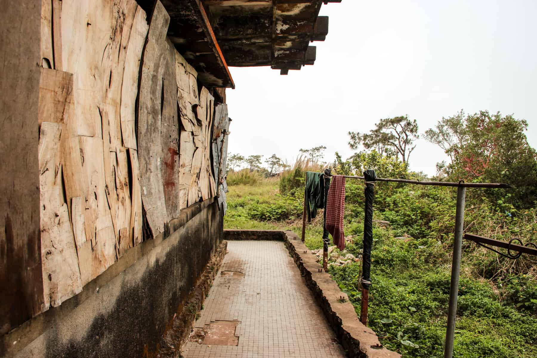 Clothing hangs on railings (right) outside the shell of a boarded up, abandoned building (left) in unkempt woodland. 