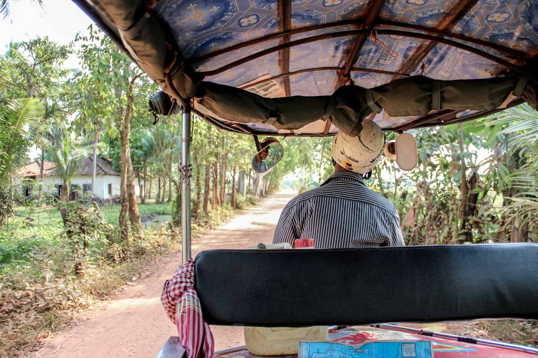 View from the back of a tuk-tuk in Cambodia, riding through a narrow pathway lined with green jungle.