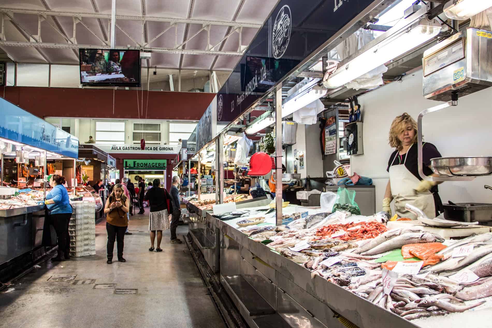 View of a fish stall stall at Girona’s indoor market. 