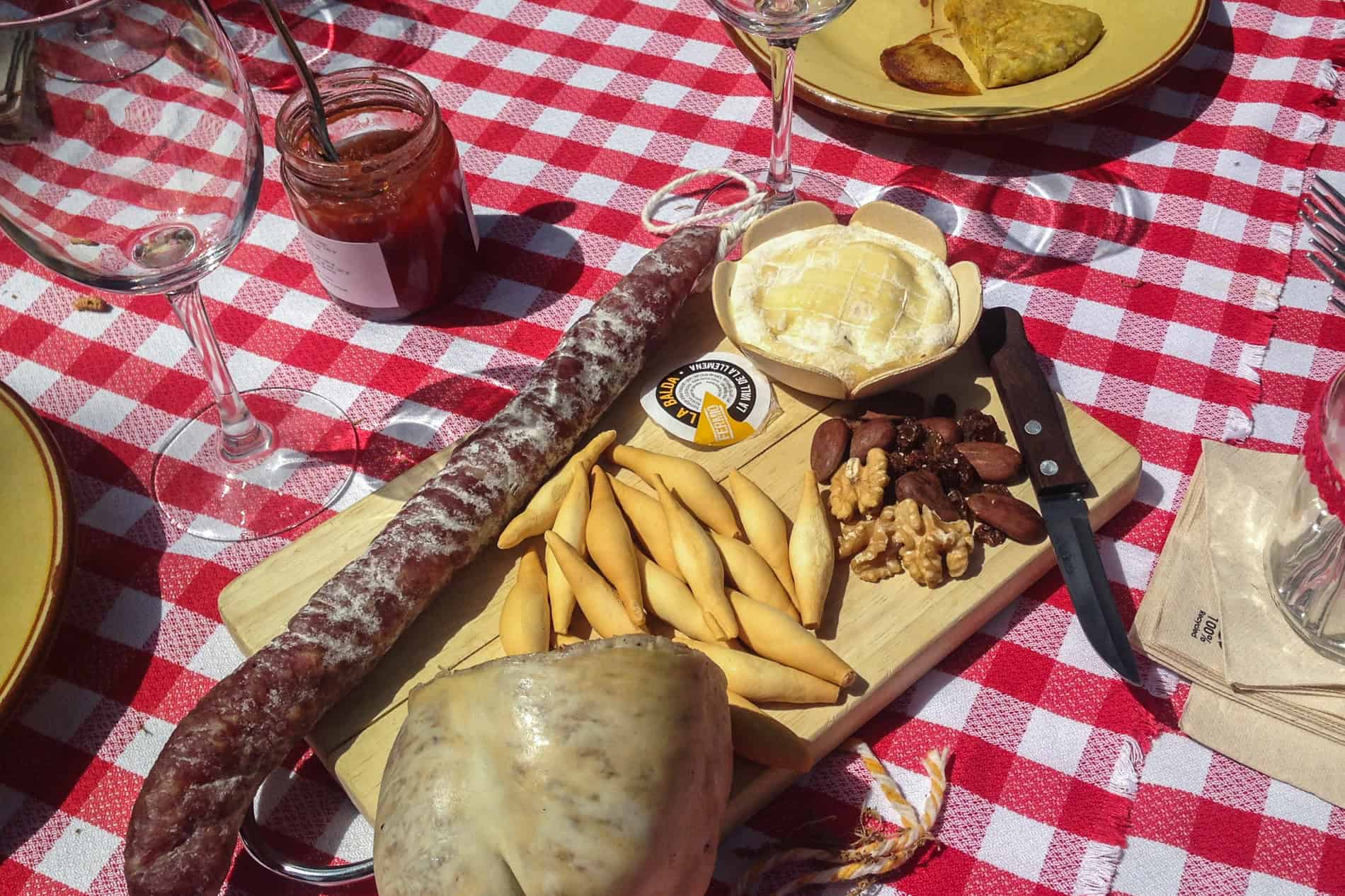 A board of breadsticks, cheeses and sausages on a red and white checkered picnic blanket. 