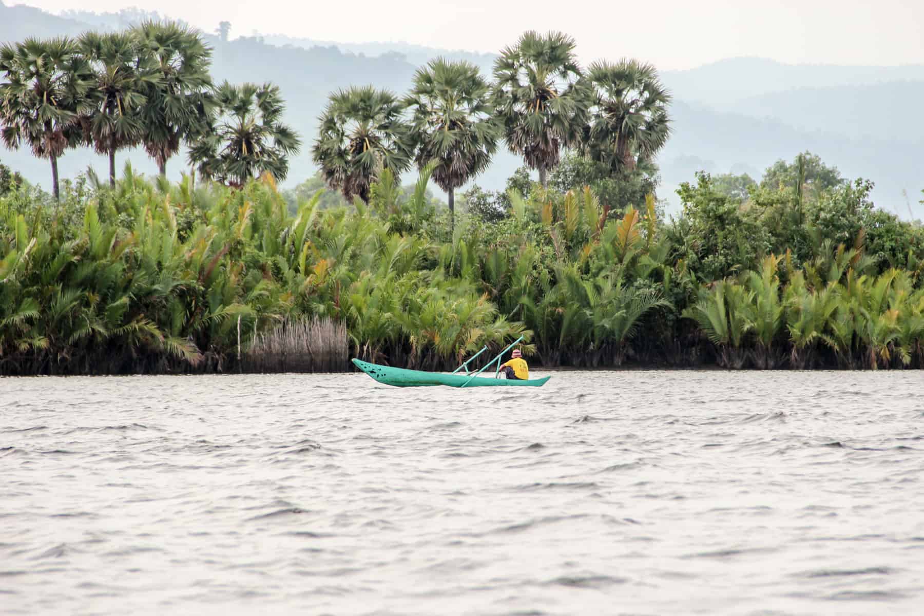 A man in a yellow t-shirt in a mint green boat floats on the river in front of lush green mangroves, tall palm trees and the silhouette of mountains. 