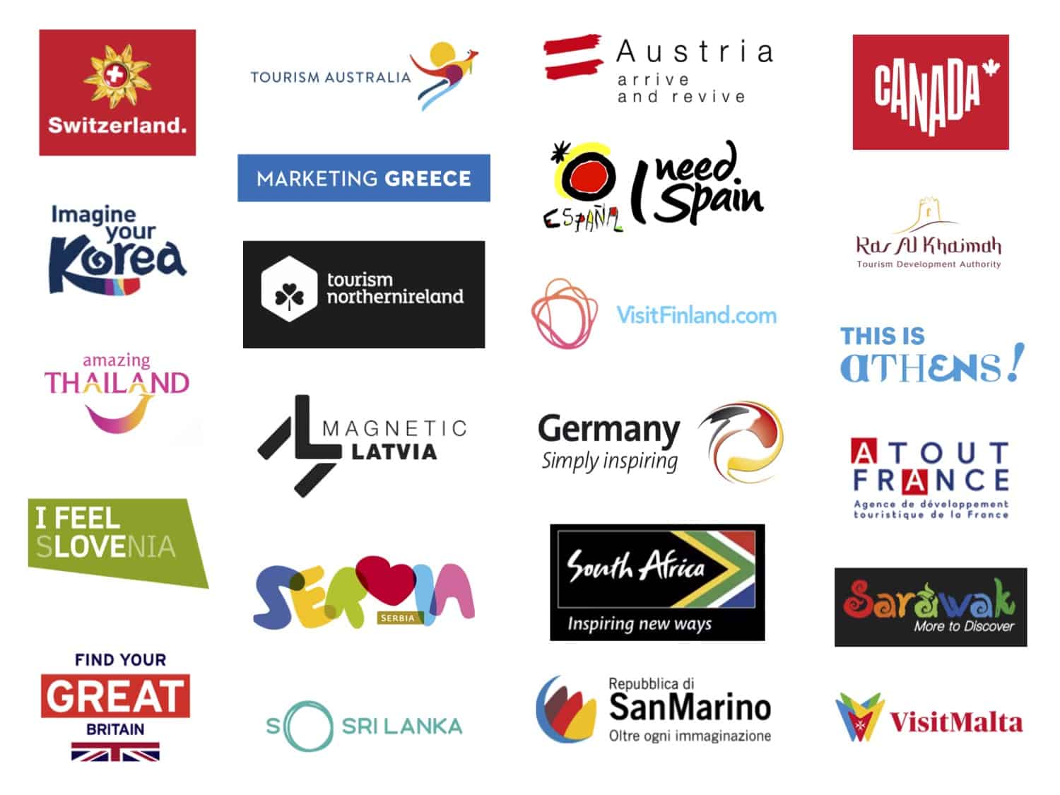 A selection of 23 logos of various tourism boards from around the world, which Borders of Adventure has worked with.