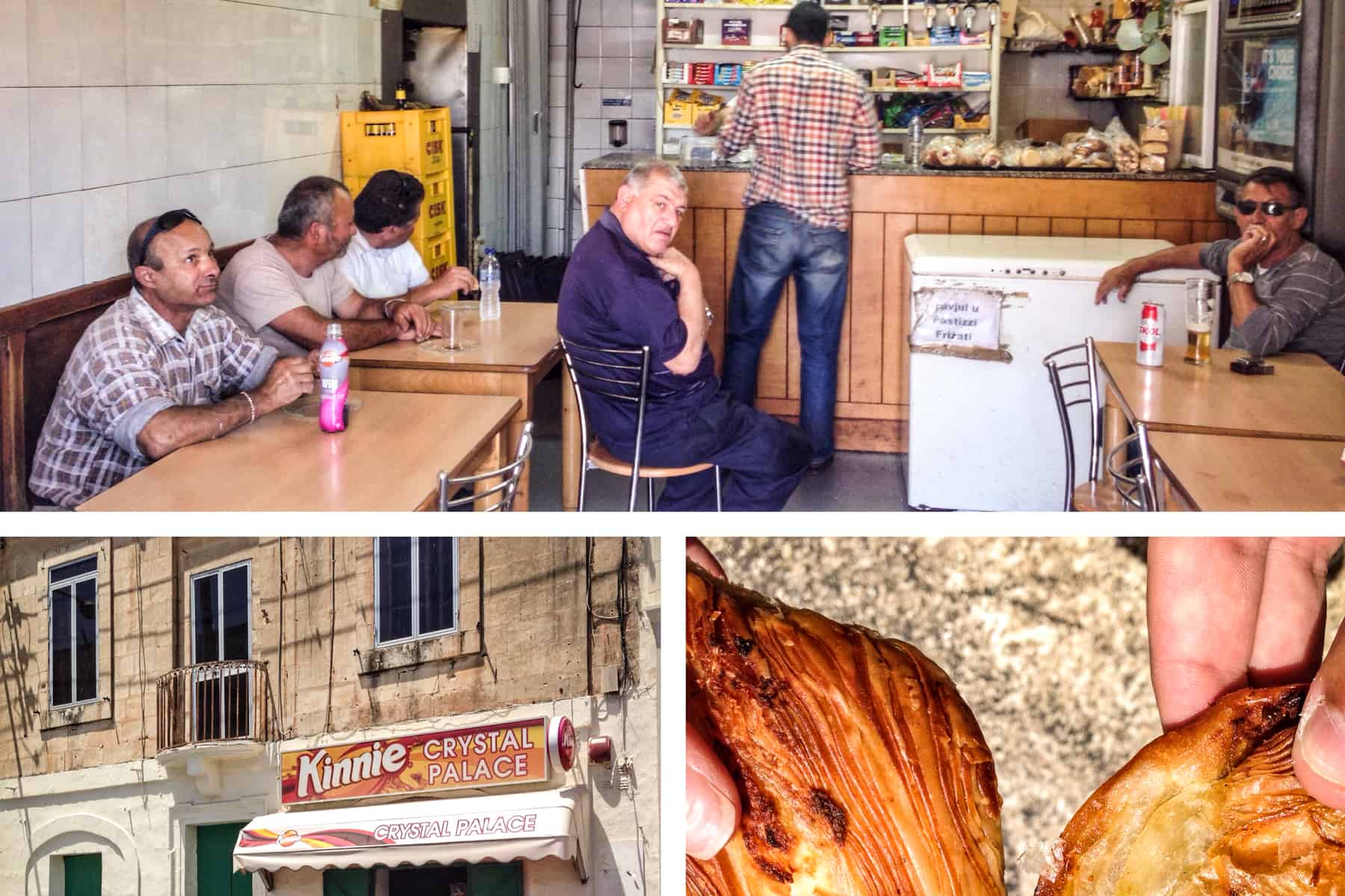 Five men sit and one stands at the counter in a Pastizzi cafe in Malta. Bottom images show the cafe sign: Crystal Palace and a close up of the crusty pastry of a Pastizzi snack. 