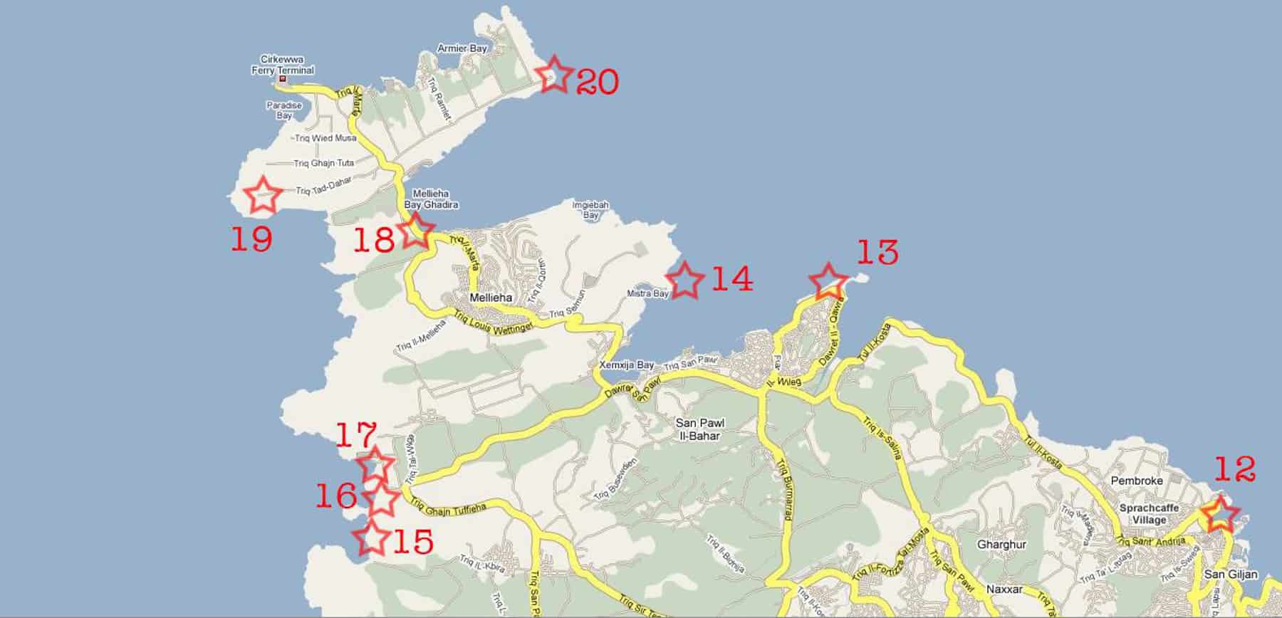 Map of Malta showing yellow roads and red, numbered stars showing where to go in Malta. 