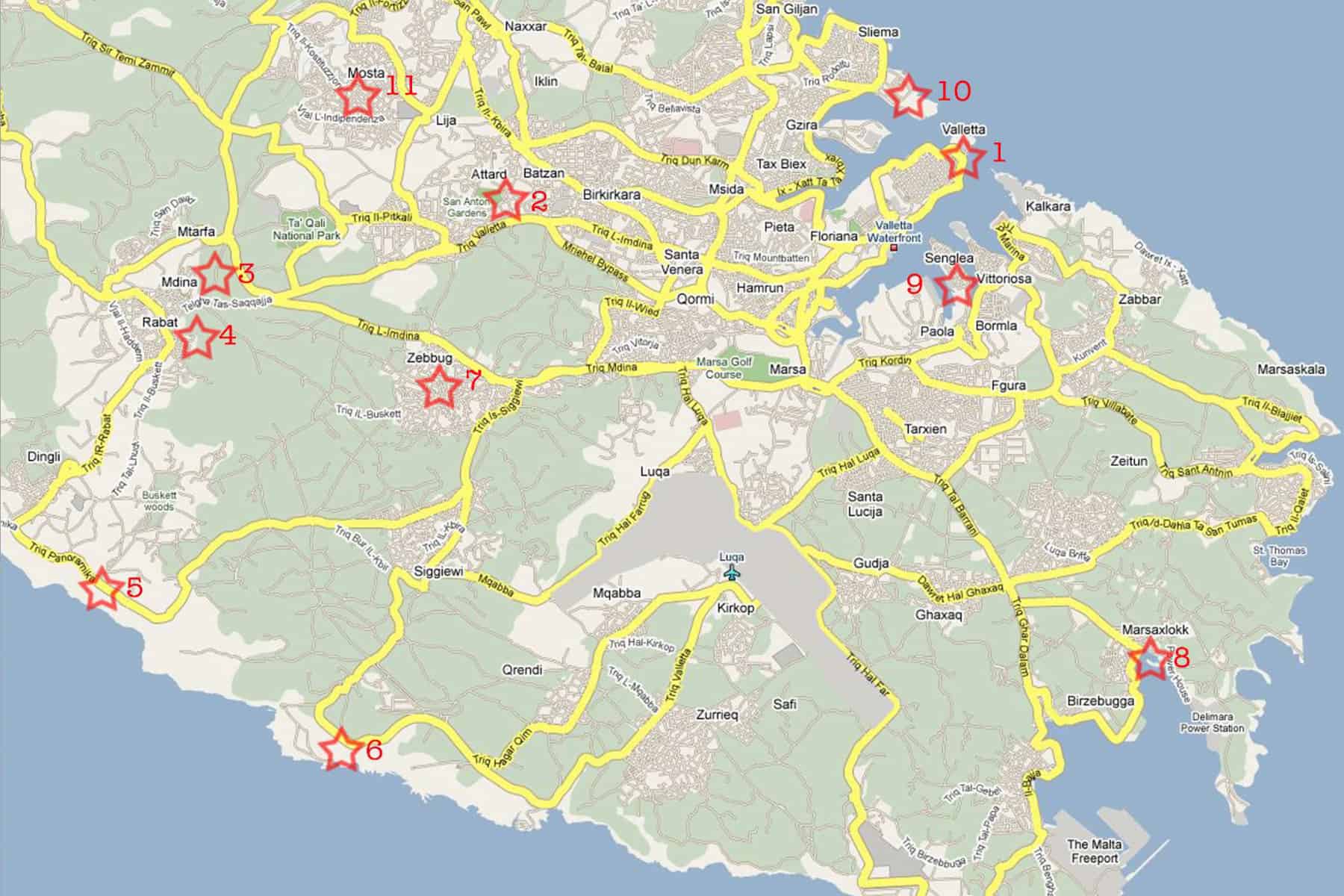 Map of Malta with yellow roads and red stars to mark what to see and do in the south of the island. 