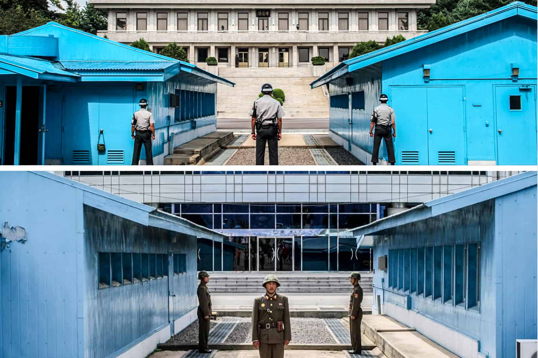 Two images from a DMZ tour showing Korean guards standing at the blue huts of the DMZ demilitarized zone. The top image is from South Korea facing North and the bottom is from North Korea looking towards the South. 