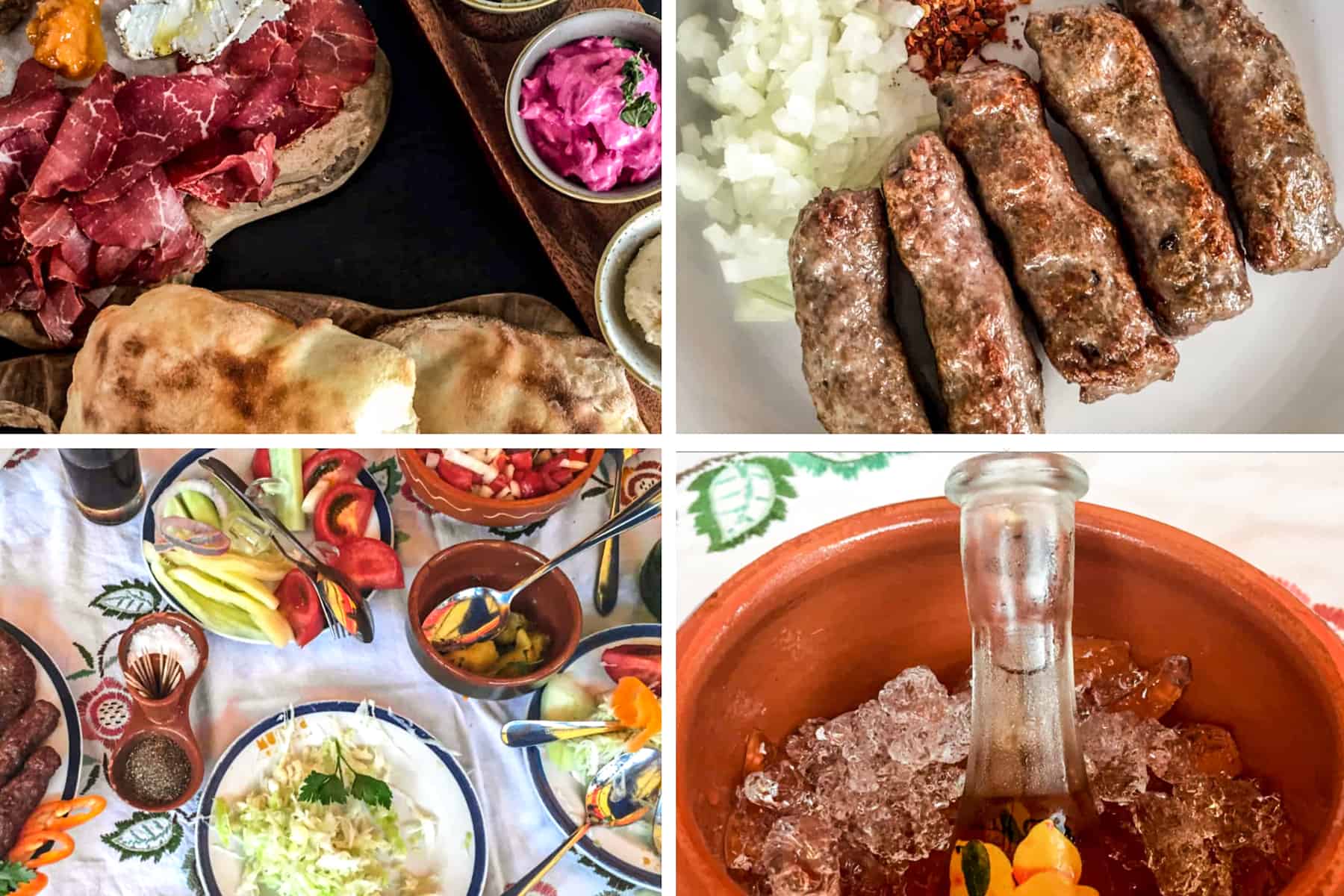 Four image showing various Serbian food dishes. Clockwise: cold cuts, bread and spreads; sausage shaped meat with chopped onions, a small bottle of alcohol in ice and a table spread of mixed salads. 