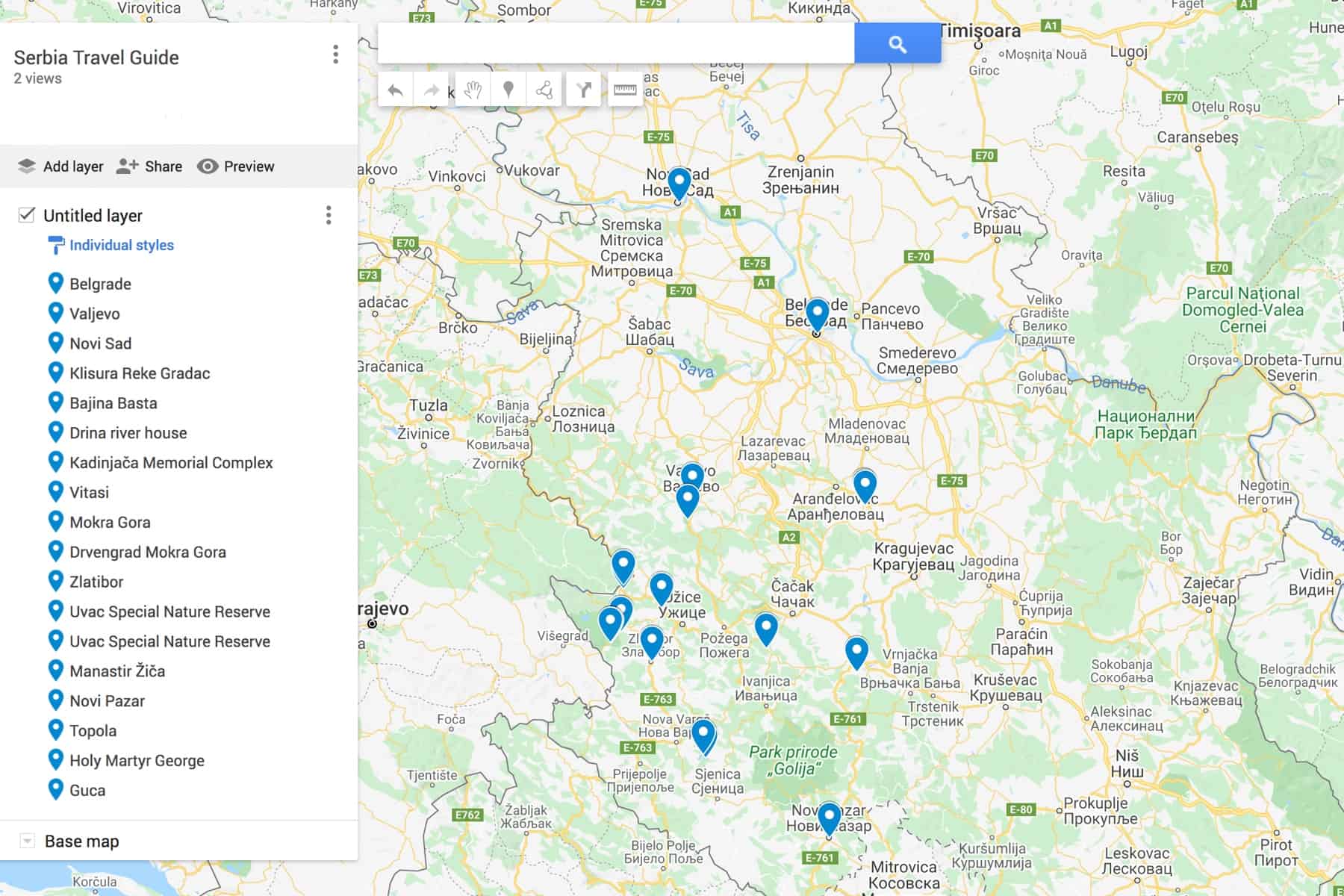 A google map showing destinations in Serbia and where to travel. 
