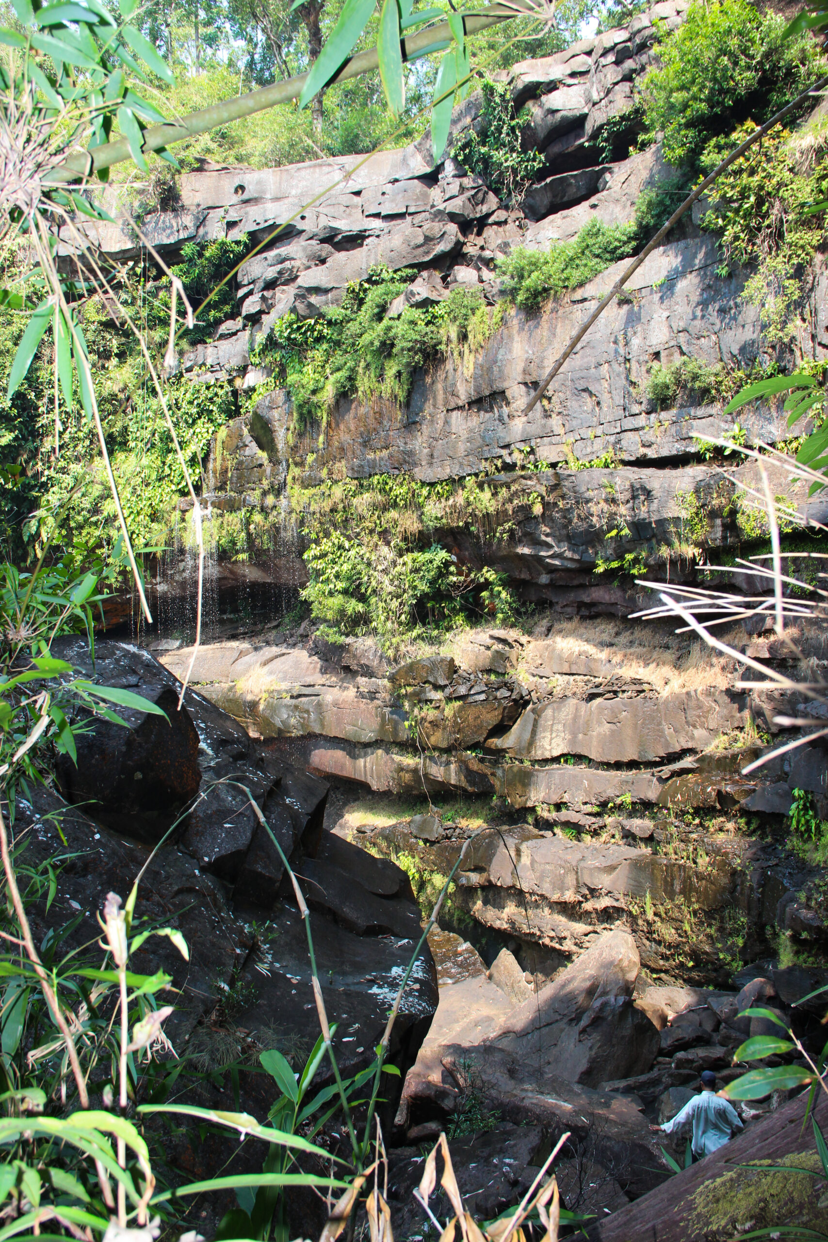 View from a higher point on the trek, looking down at a man passing through a rocky section of the Koh Kong jungle canopy.