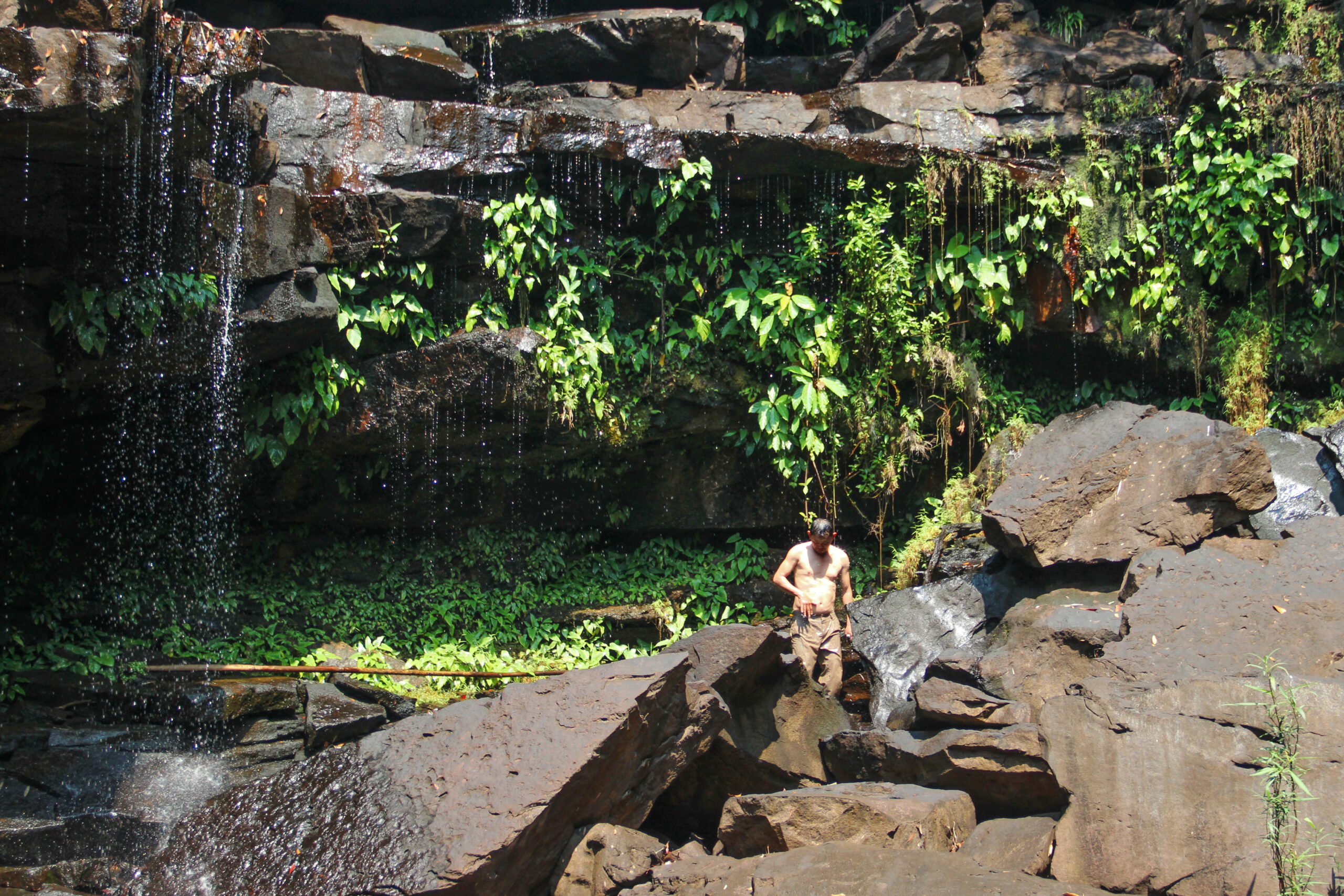 A man standing within a rocky, foliage filled cavern under a light cascade of water.