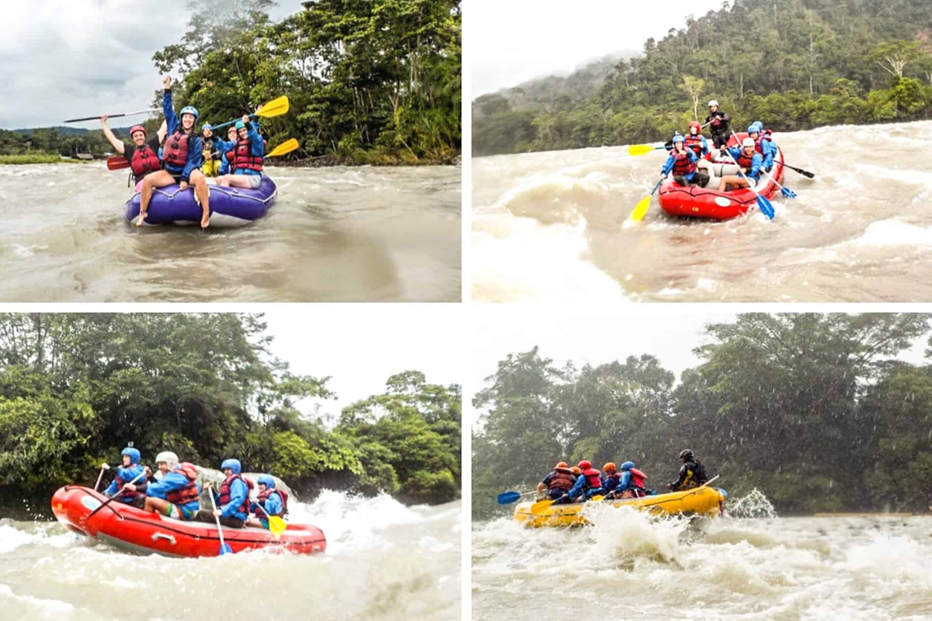 Four images showing people water rafting on the fast flowing river in the Ecuador Amazon Rainforest.