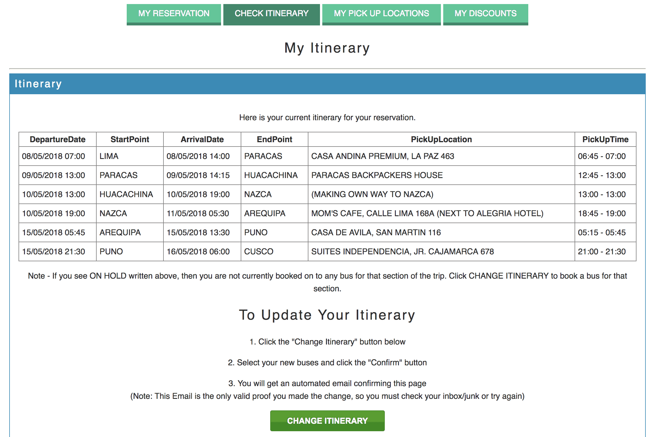 An overview of a Peru Itinerary with times, dates and destinations when using the Peru Hop bus pass. 