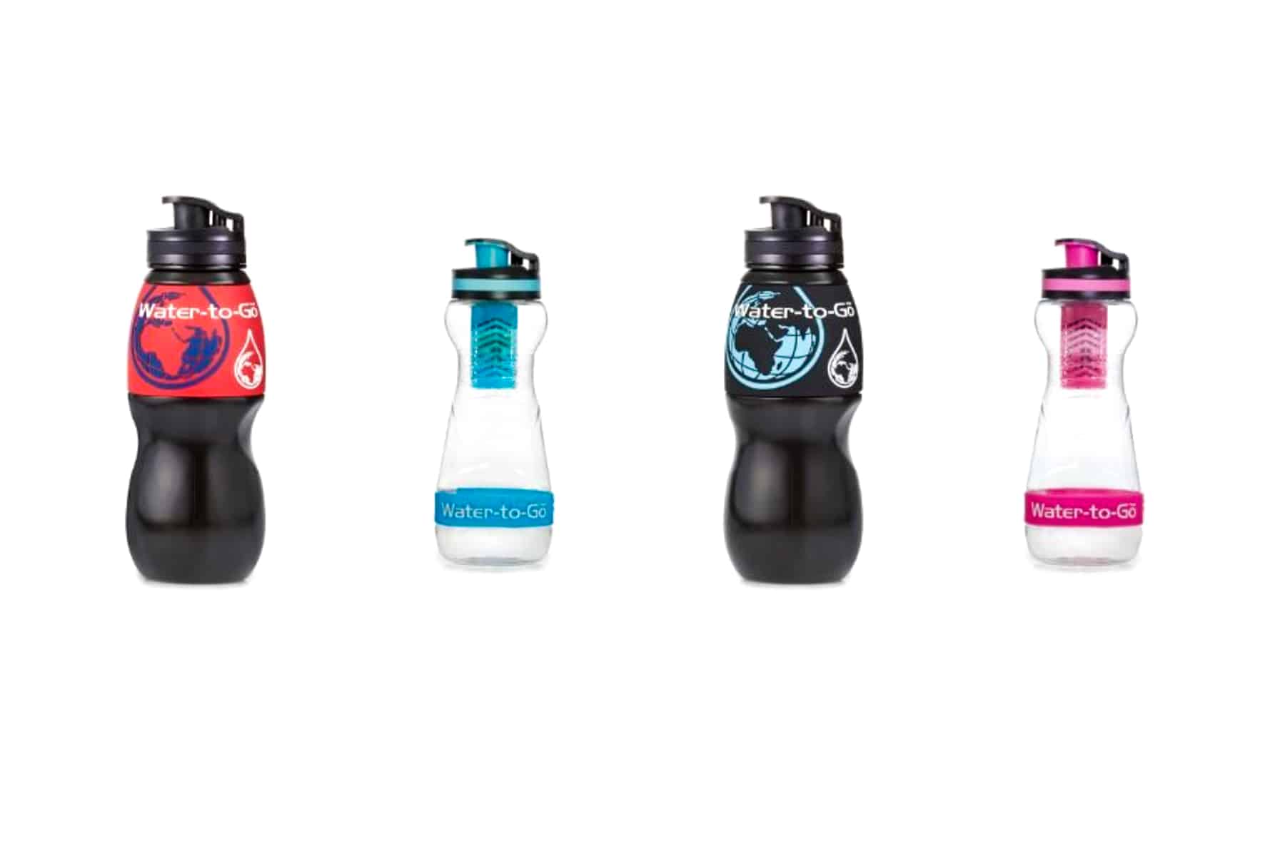 Four branded Water-to-Go travel filter water bottles - black and red, clear and blue, black, blue and white, and pink and clear.