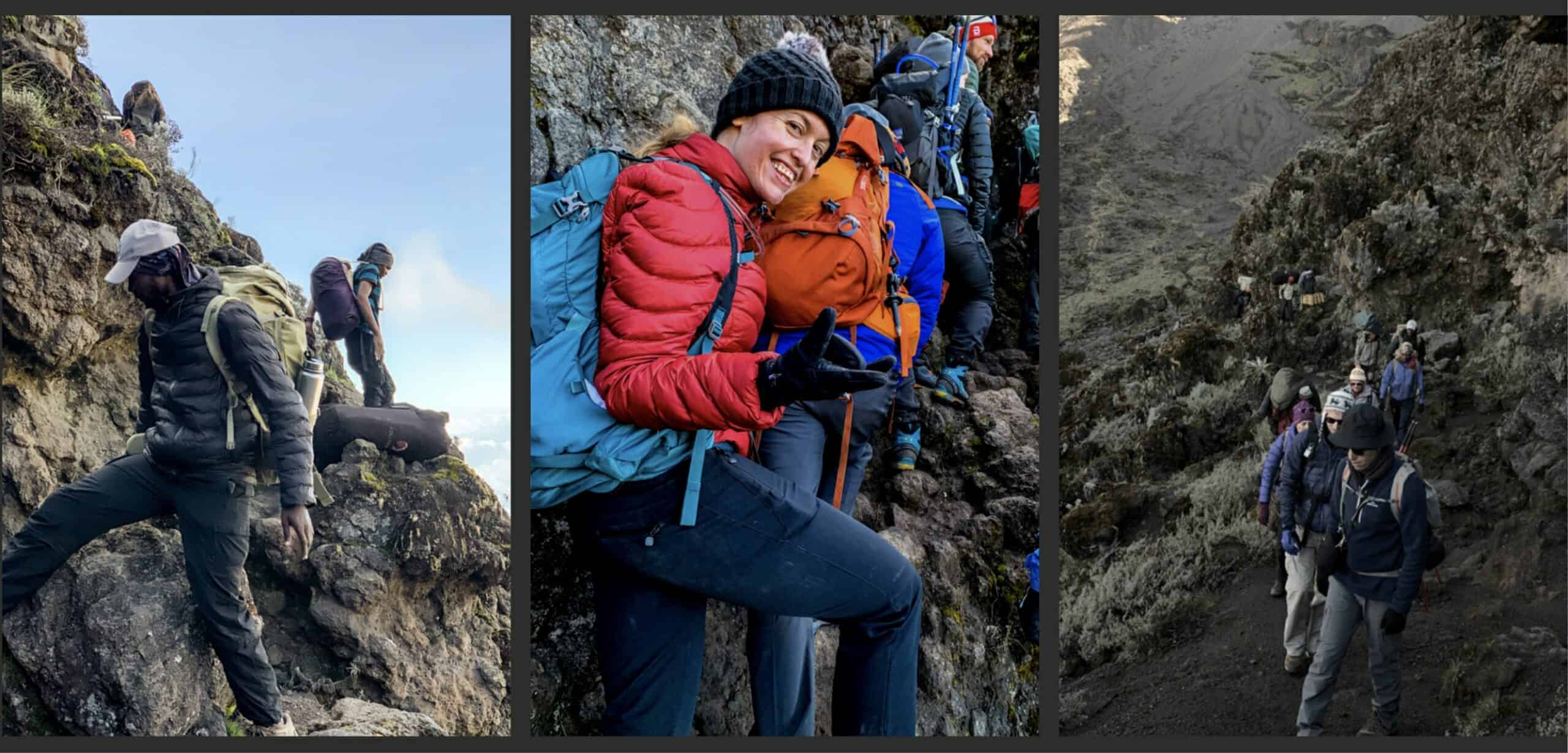 A man clambers on steep rock, a woman in a red jacket makes a spiderman pose with her hand while climbing rocks, and a small group of trekkers walk up a large rock wall pathway.