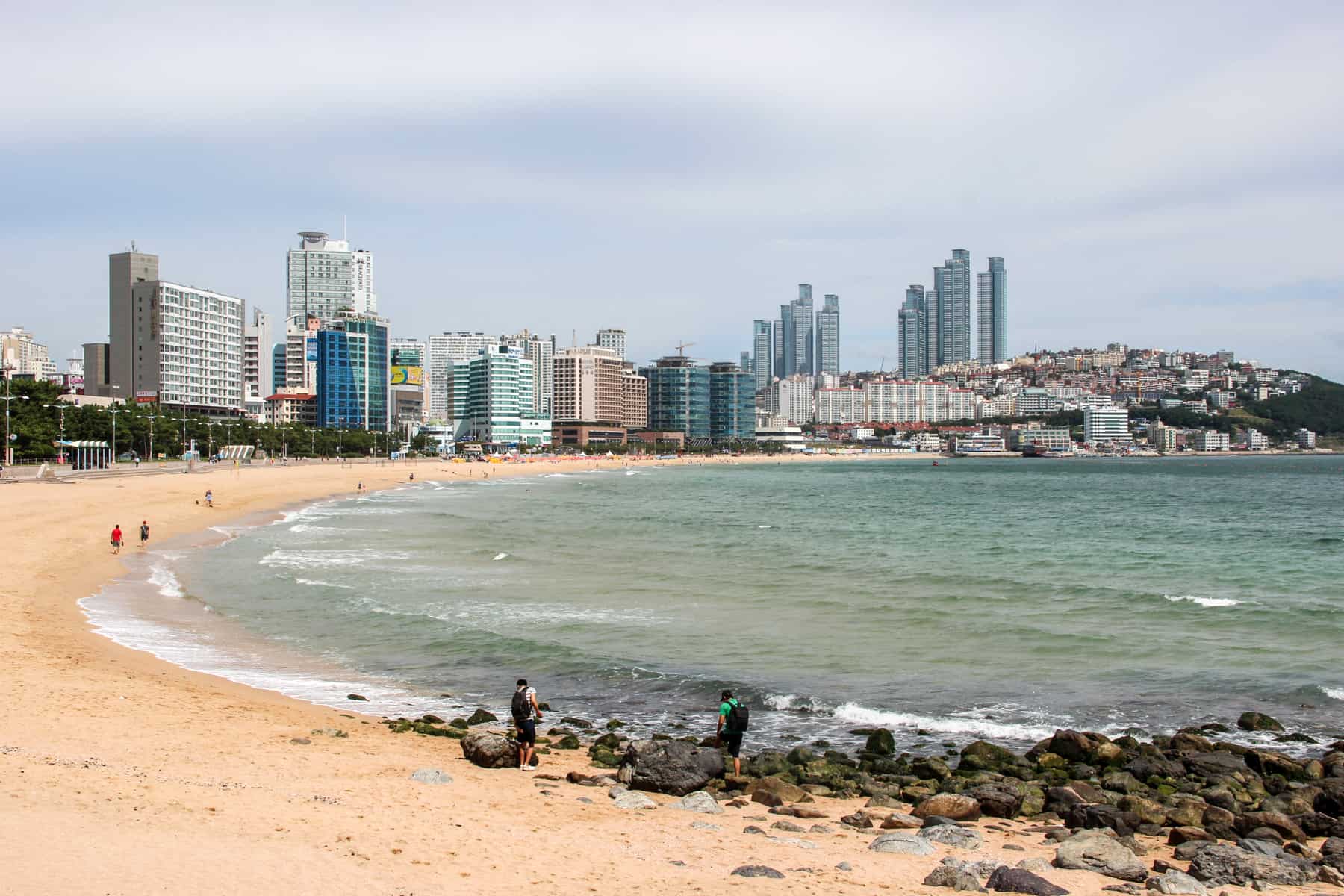 The curved sandy coastline and modern city of Busan, South Korea. 