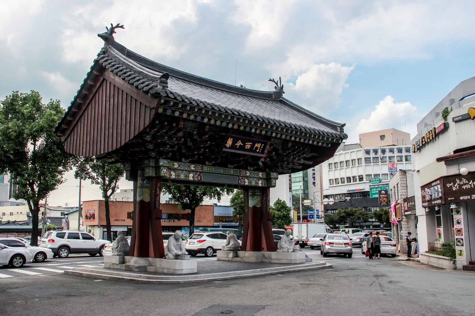 A traditional Korean Pagoda in the modern Daegu town centre in South Korea. 