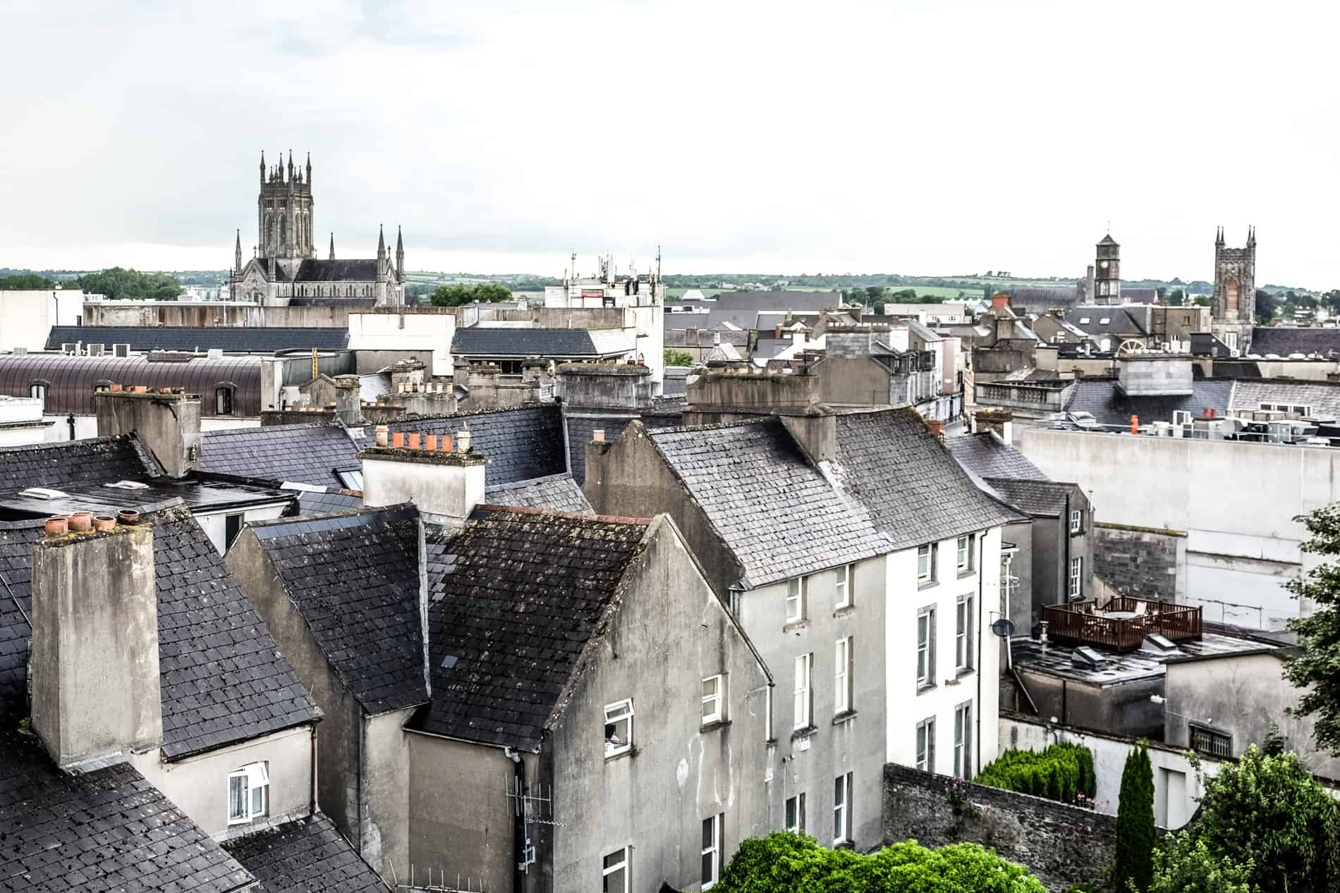 Rooftop view of Kilkenny, Ireland with its mix of medieval buildings, churches and cottages.