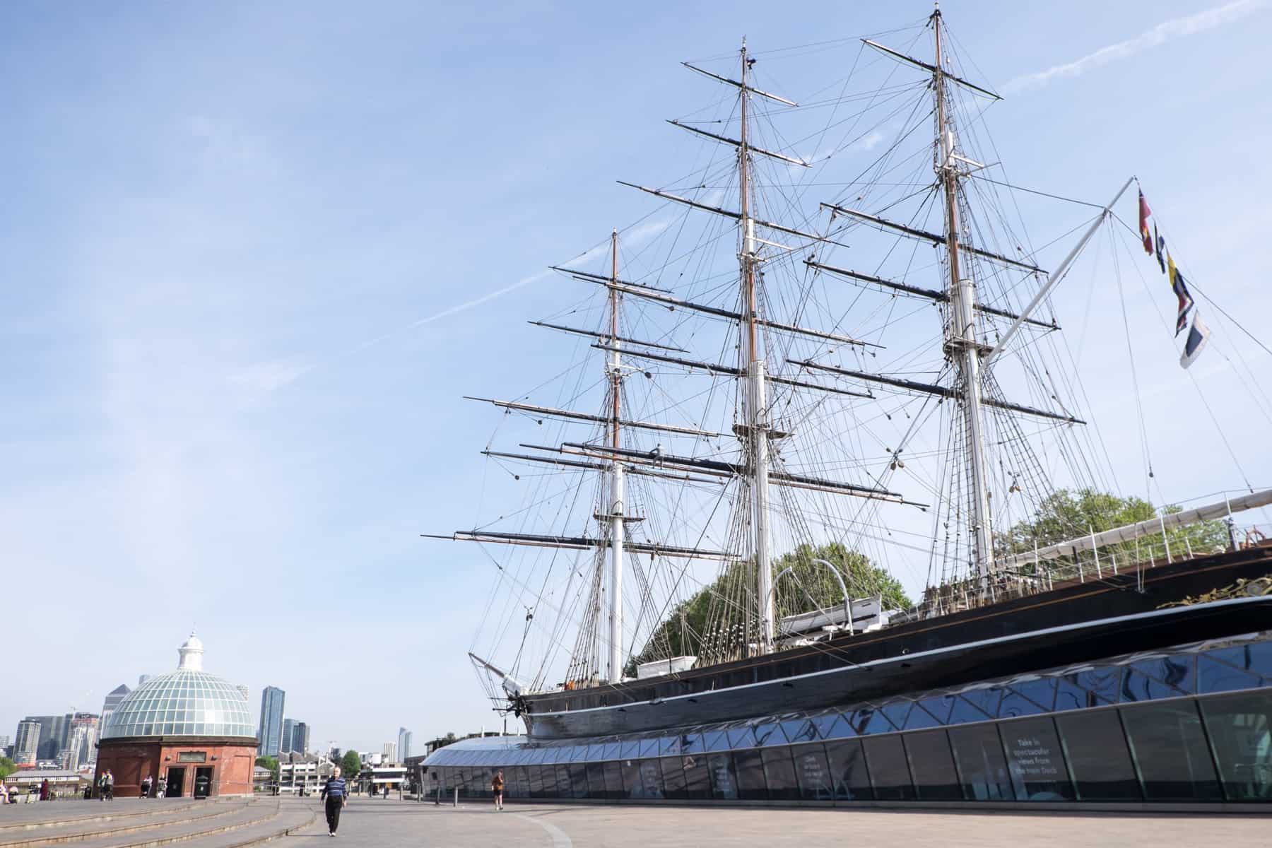 The huge vessel and masts of the Cutty Sark Tea Clipper standing in the middle of Greenwich, London.