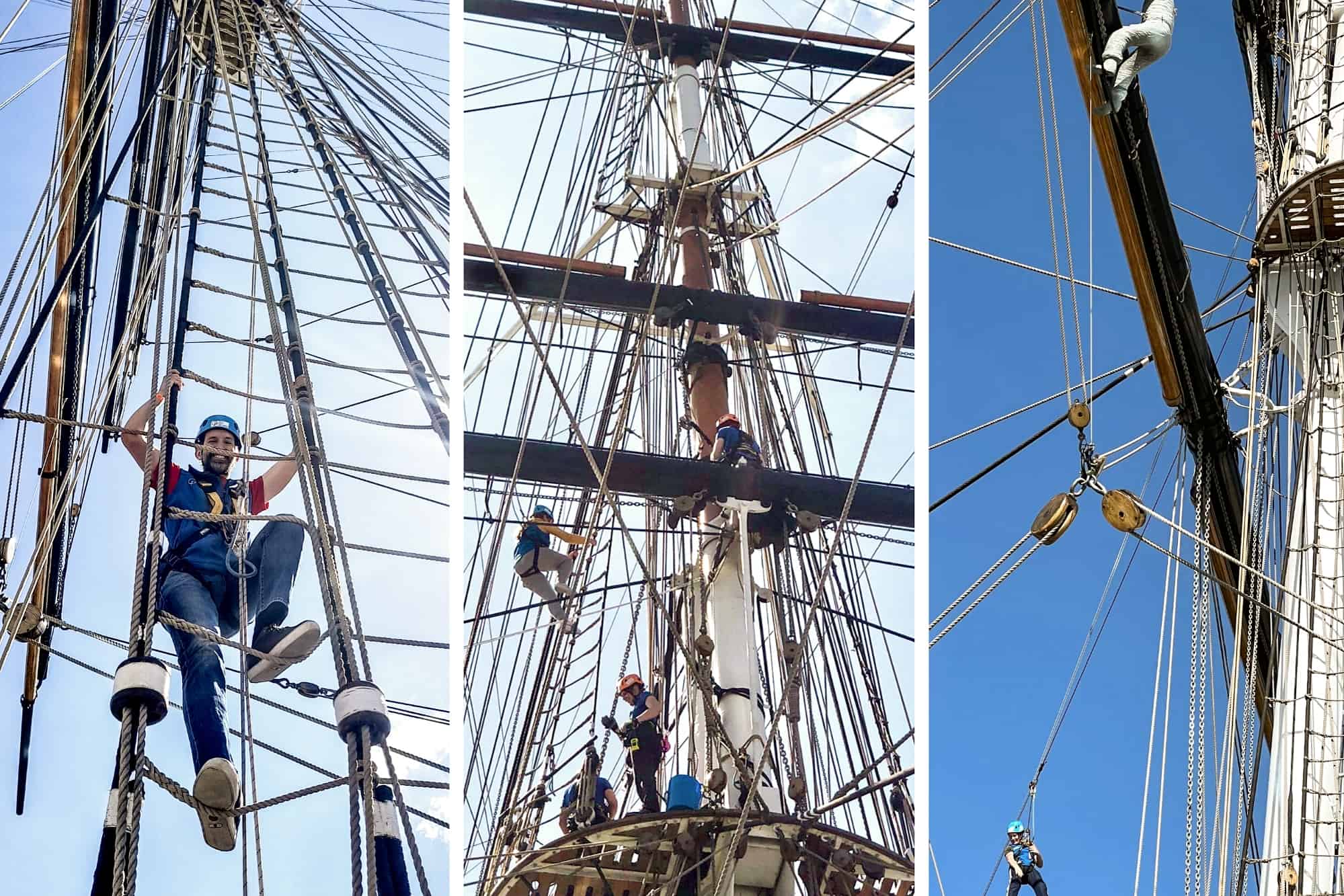 Left: A man climbs a rope ladder wearing a blue helmet and harness. Middle: A woman climb the rig lines on a mast of the Cutty Sark ship, surrounded by a safety team. Right: A woman on a ship mast zipline.