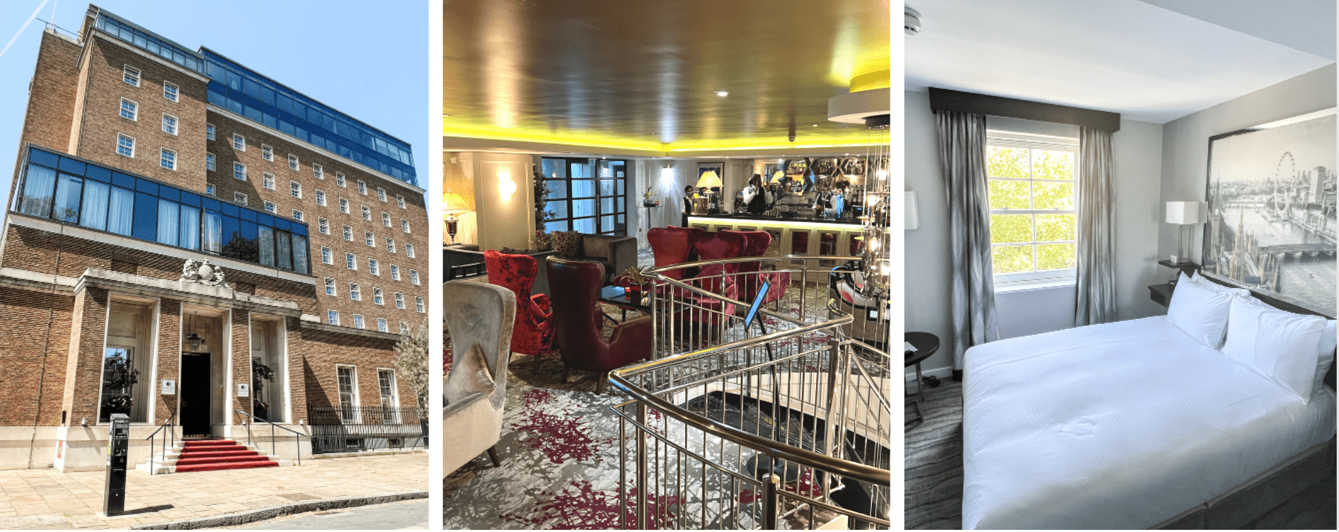 Three images showing (left to right) the brick and blue glass exterior, the red and silver dining area and white bedroom of the Doubletree by Hilton London Greenwich.