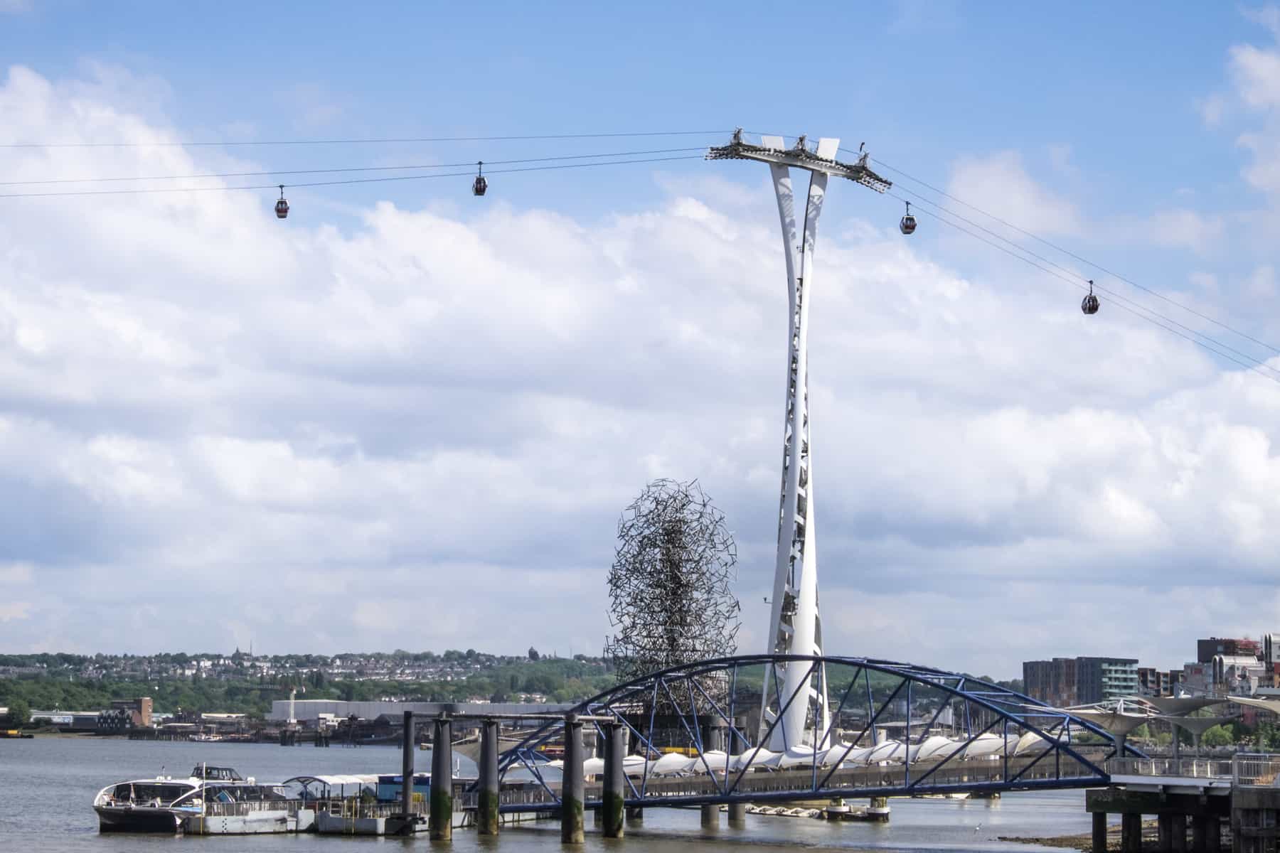 London Cable Cars crossing the Thames with views over the contemporary architecture.