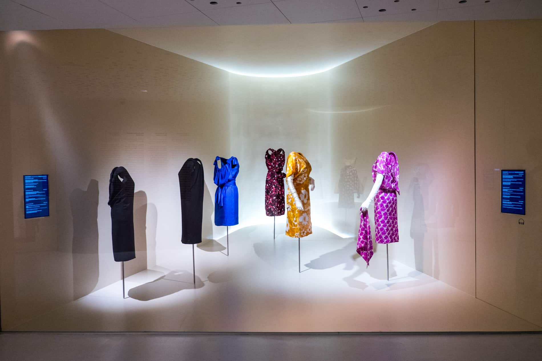 A display of six dresses on show inside the Balenciaga Museum in northern Spain. 