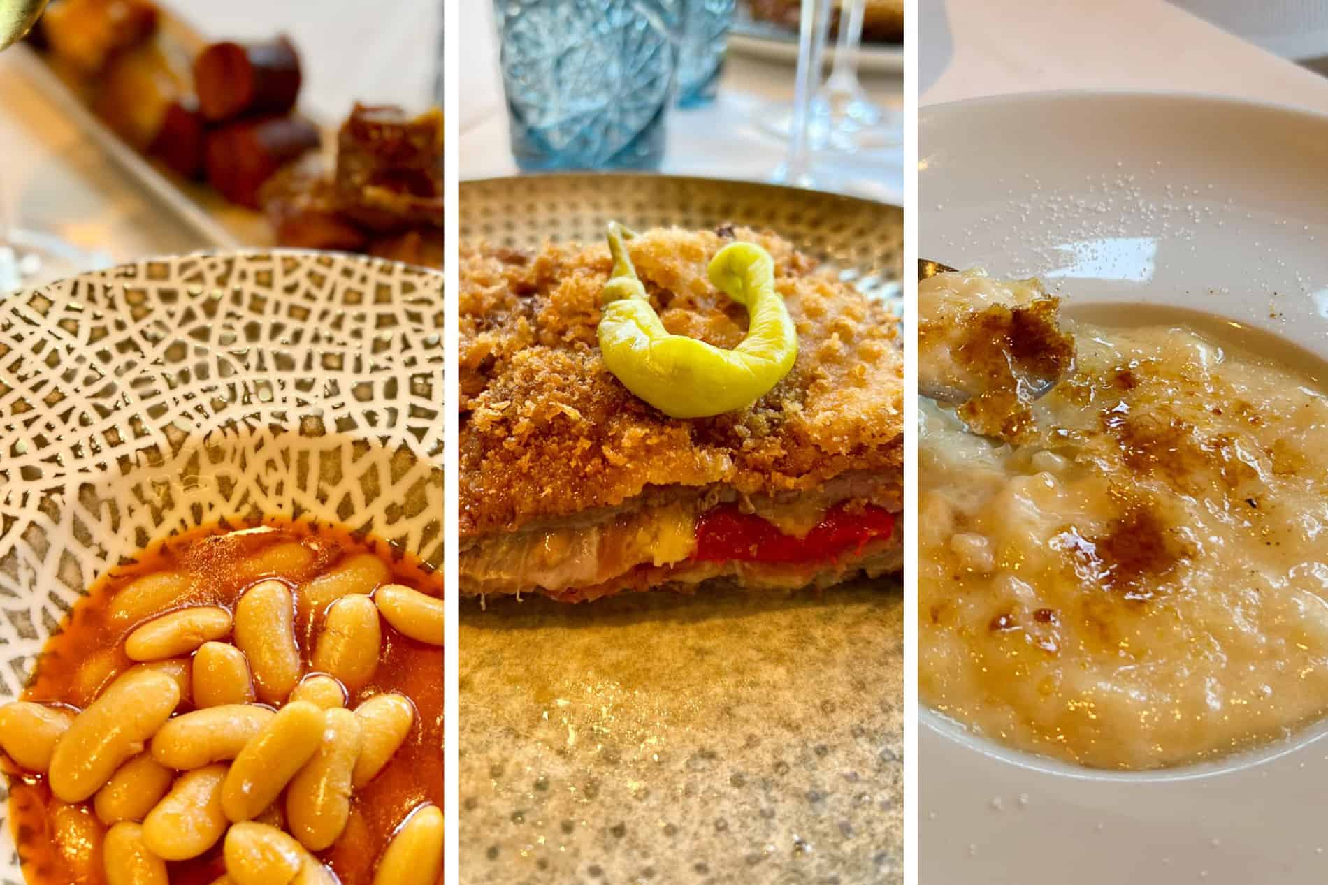 Asturian dishes (left to right): Fabada Asturiana (fava bean and pork stew), Cachopo (layered veal, cheese, and ham in breadcrumbs), and Arroz con Leche (creamy rice pudding).