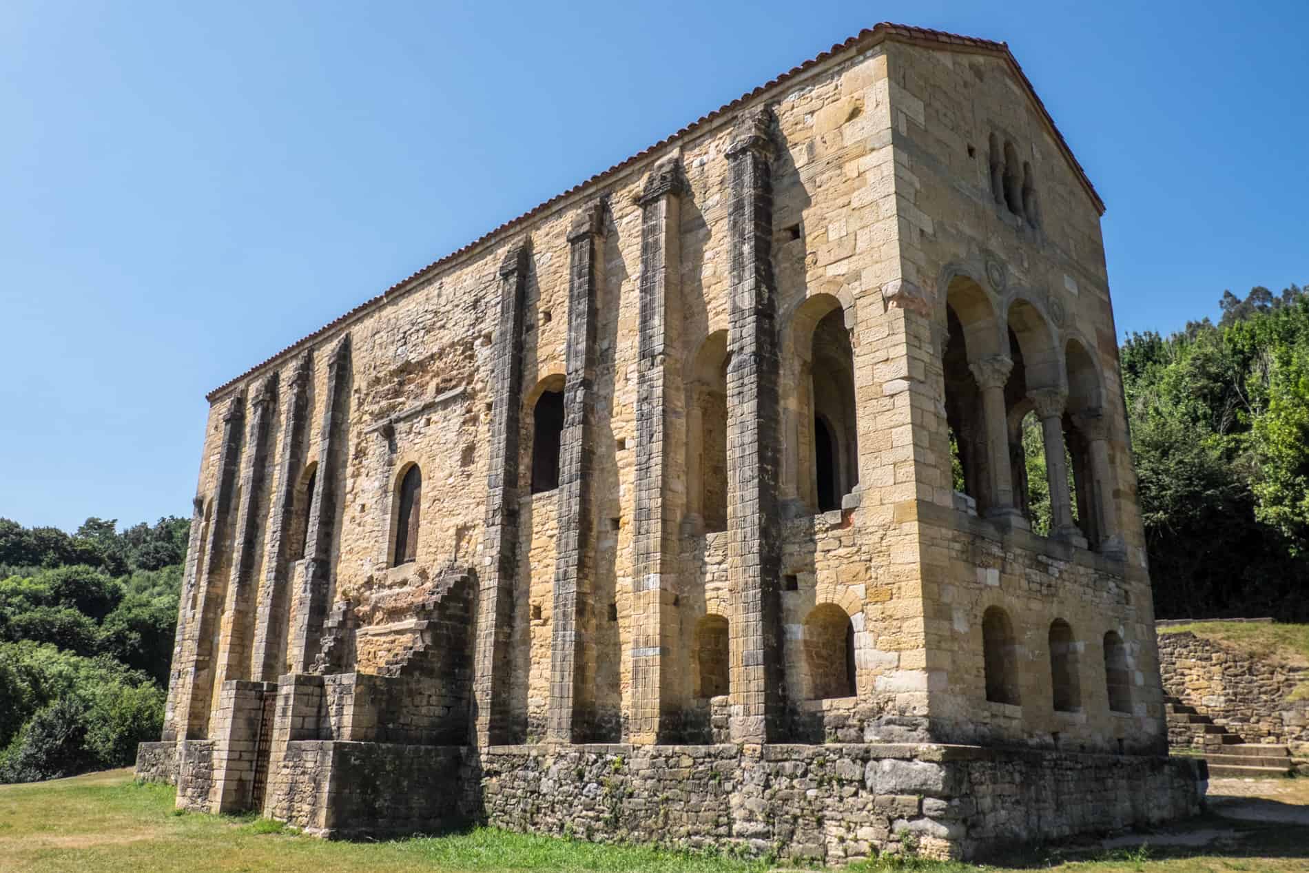 The stone structure of Iglesia de Santa Maria del Naranco, a Pre-Romanesque palace in Oviedo, built in 842. 